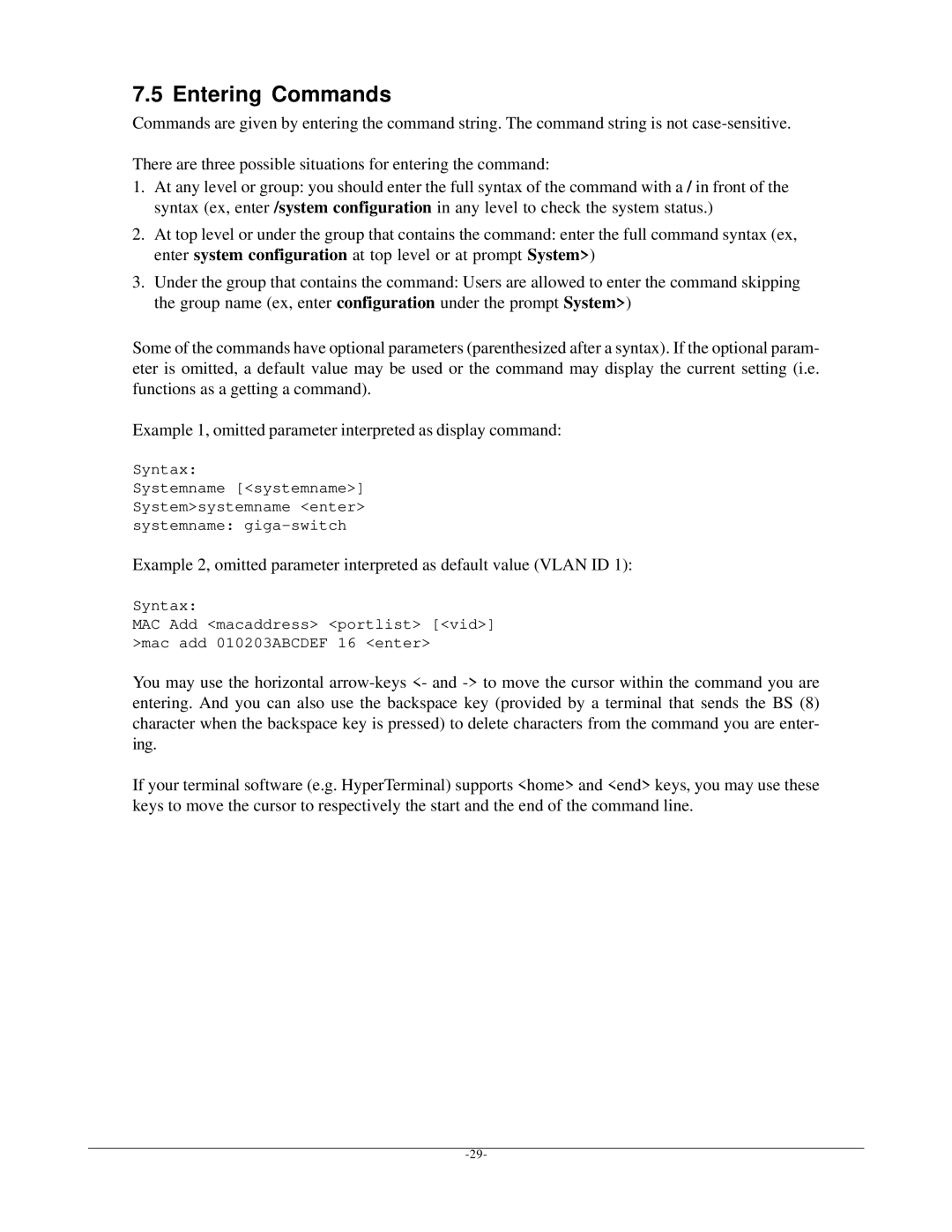 KTI Networks kgs-1601 manual Entering Commands 