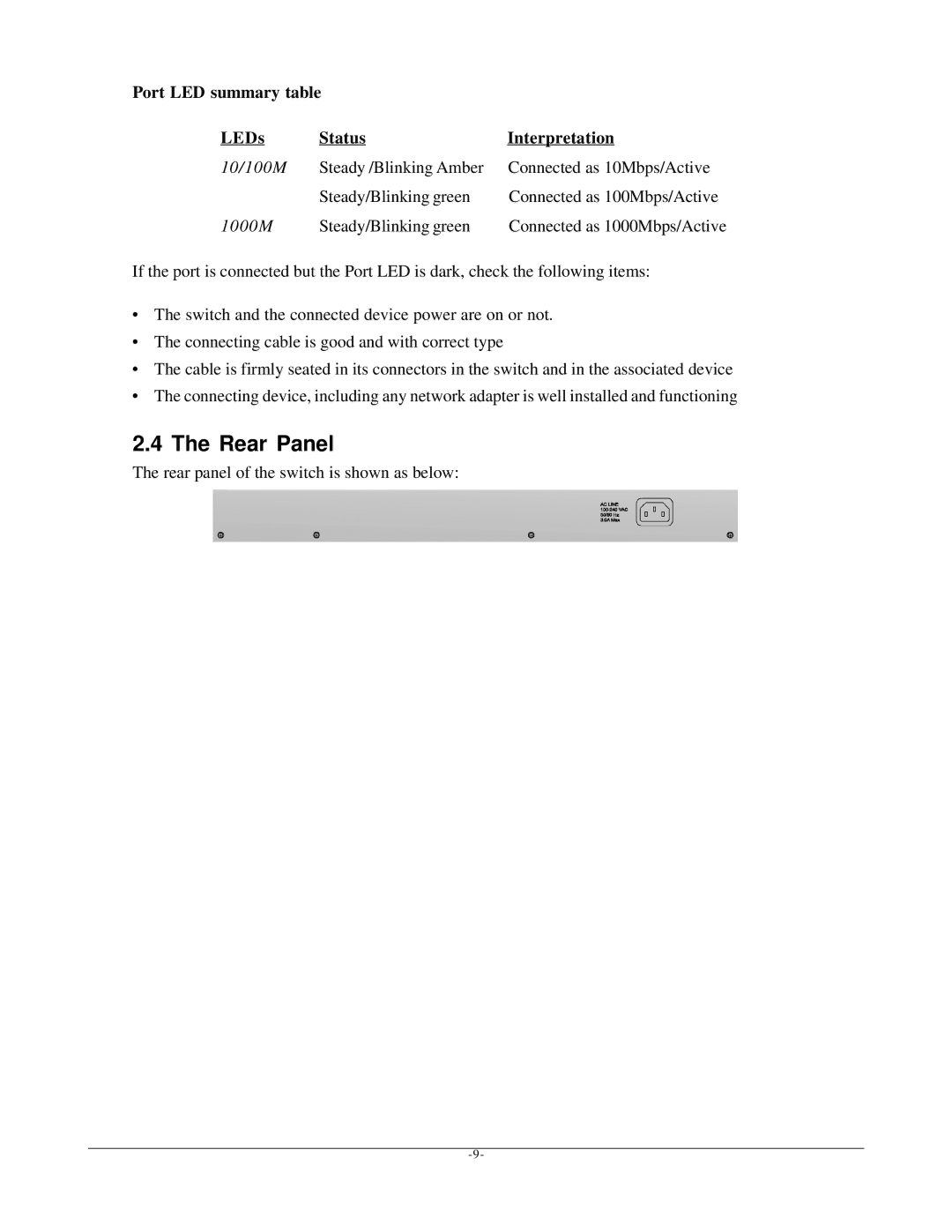 KTI Networks kgs-1601 manual Rear Panel, Rear panel of the switch is shown as below 