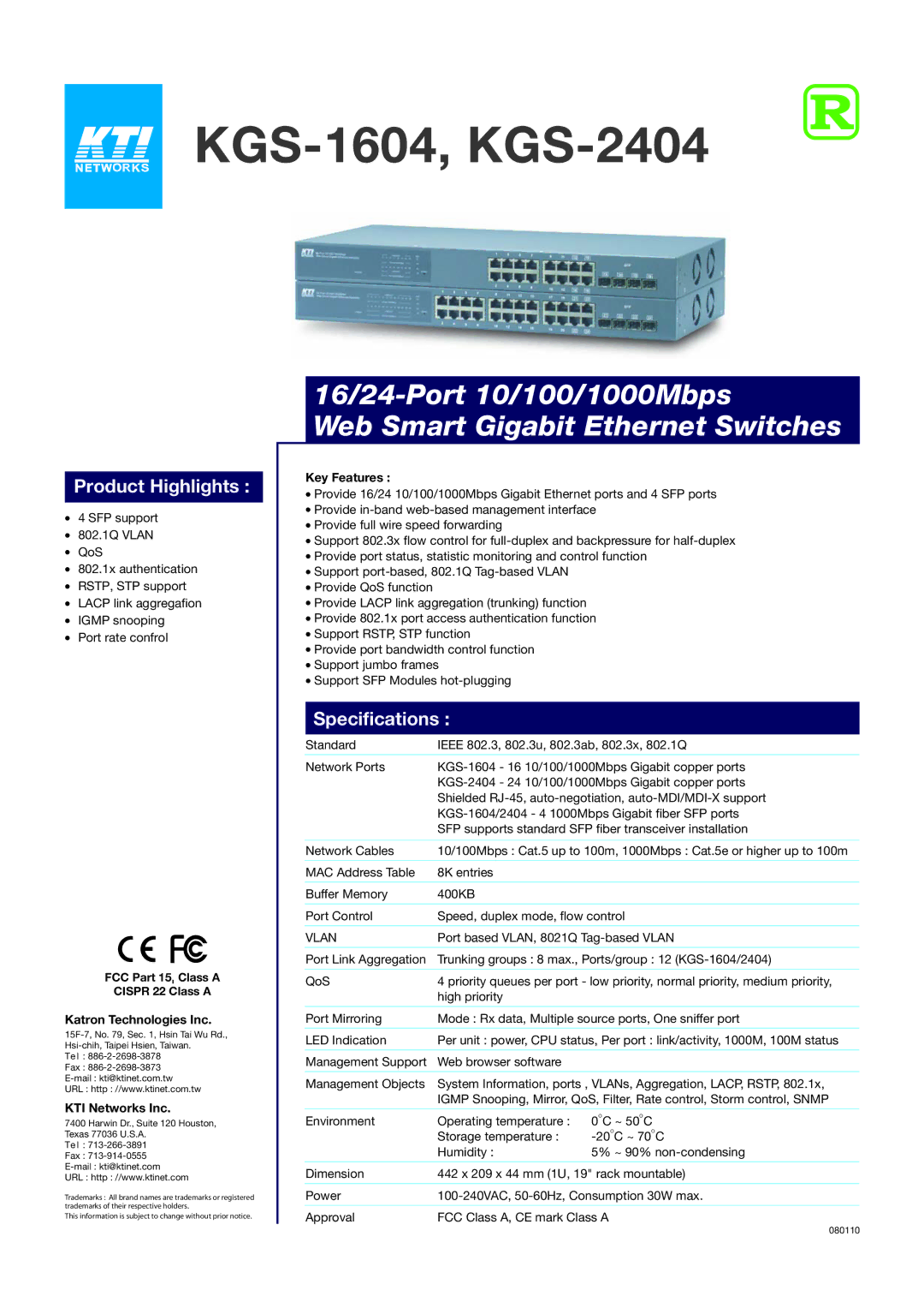 KTI Networks specifications KGS-1604, KGS-2404, Product Highlights, Specifications 