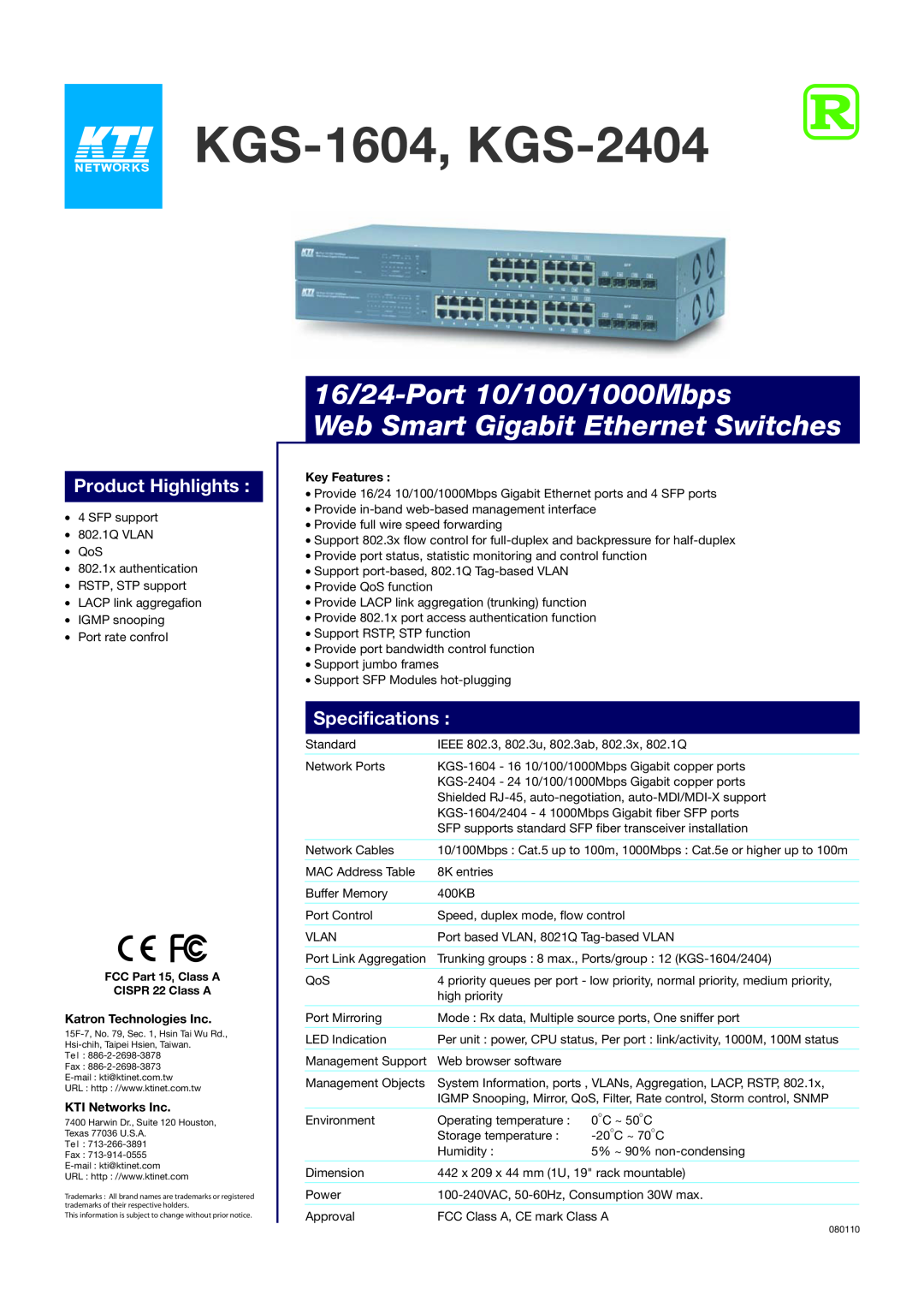 KTI Networks specifications KGS-1604, KGS-2404, 16/24-Port 10/100/1000Mbps Web Smart Gigabit Ethernet Switches 
