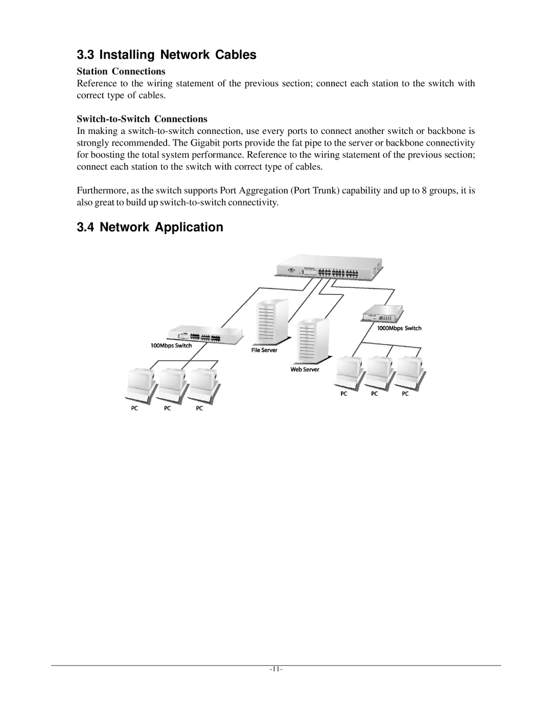 KTI Networks KGS-2401 Installing Network Cables, Network Application, Station Connections, Switch-to-Switch Connections 