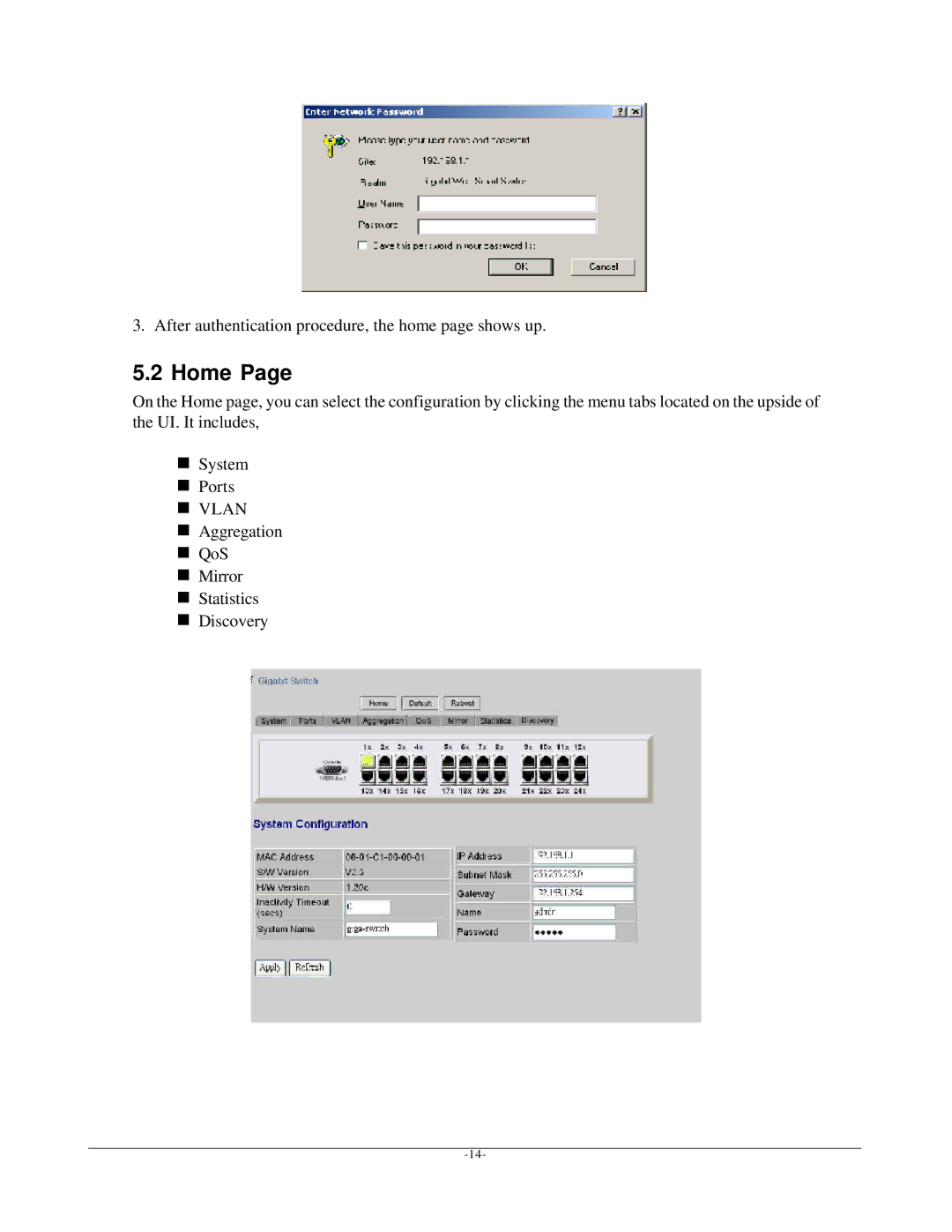 KTI Networks KGS-2401 manual Home, After authentication procedure, the home page shows up 