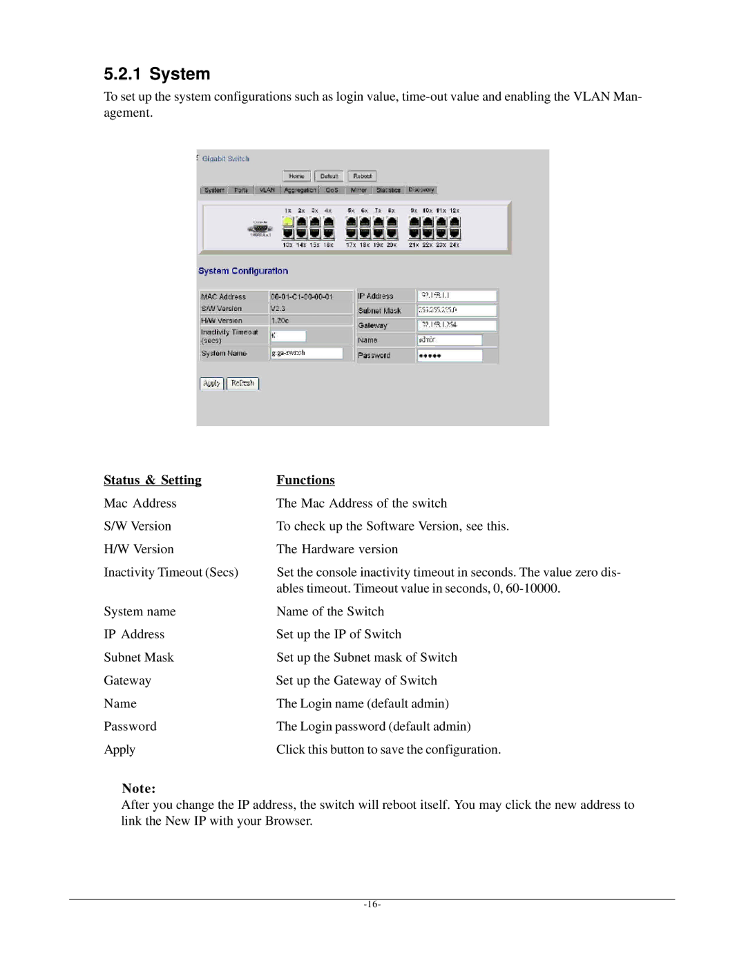 KTI Networks KGS-2401 manual System, Status & Setting Functions, Ables timeout. Timeout value in seconds, 0 