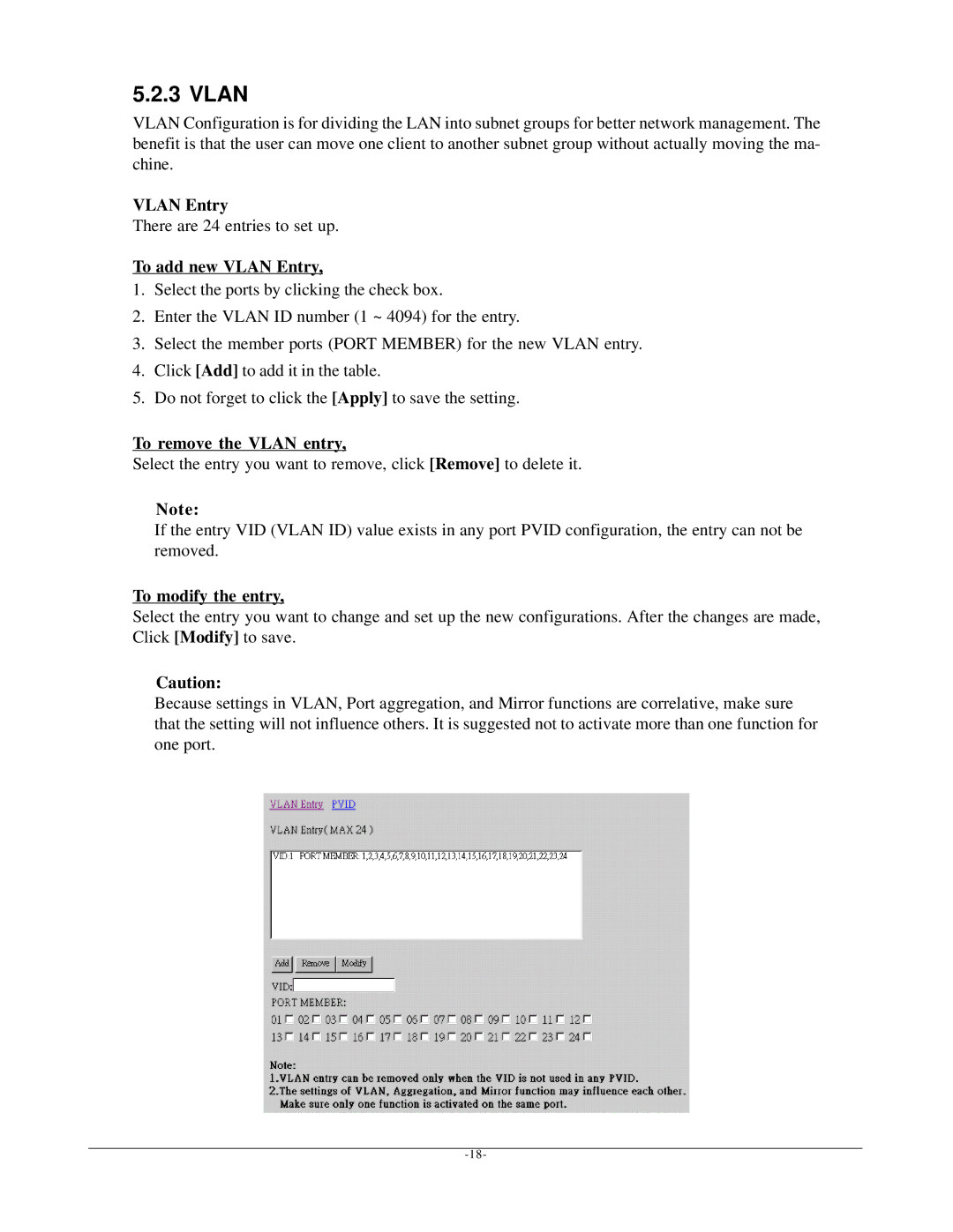 KTI Networks KGS-2401 manual There are 24 entries to set up, To add new Vlan Entry, To remove the Vlan entry 