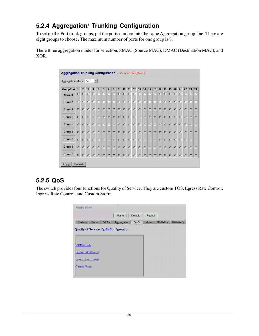 KTI Networks KGS-2401 manual Aggregation/ Trunking Configuration, 5 QoS 