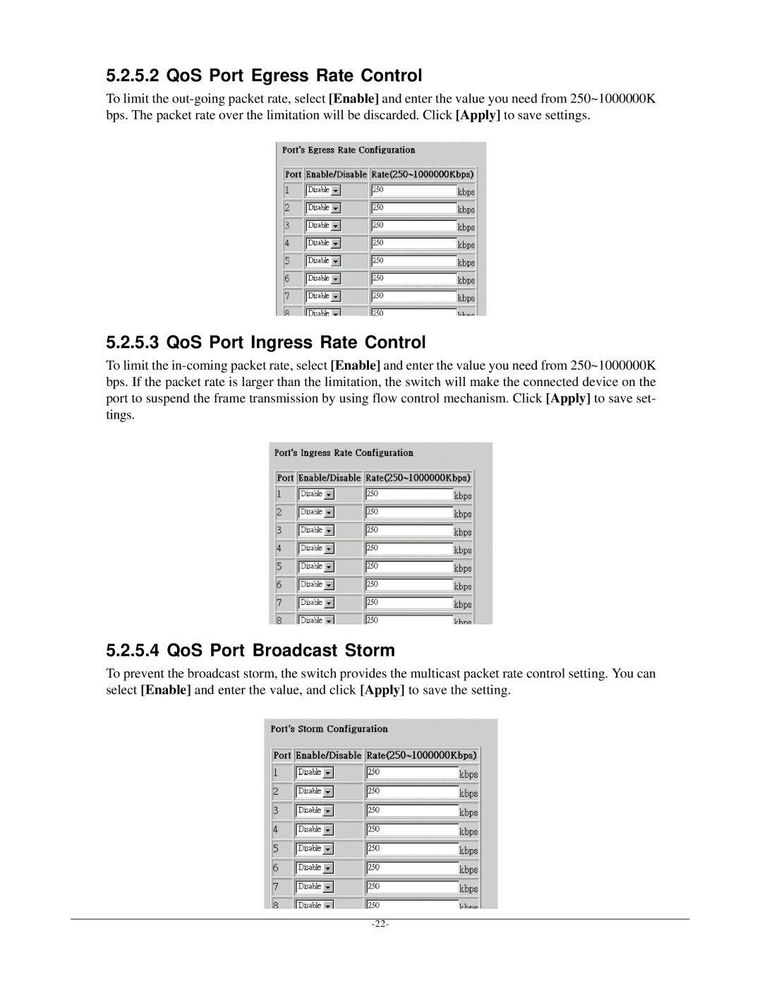 KTI Networks KGS-2401 manual QoS Port Egress Rate Control, QoS Port Ingress Rate Control, QoS Port Broadcast Storm 