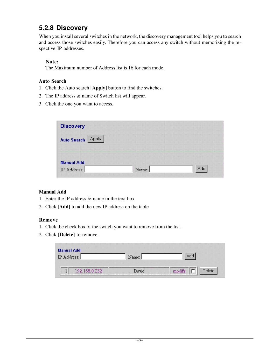 KTI Networks KGS-2401 manual Discovery, Auto Search, Manual Add, Remove 