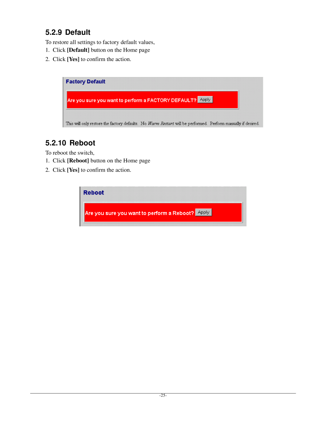 KTI Networks KGS-2401 manual Default, Reboot 