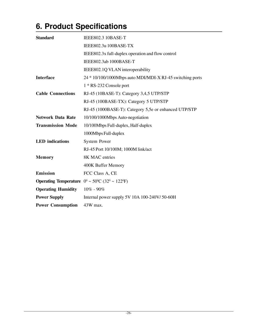 KTI Networks KGS-2401 manual Product Specifications 