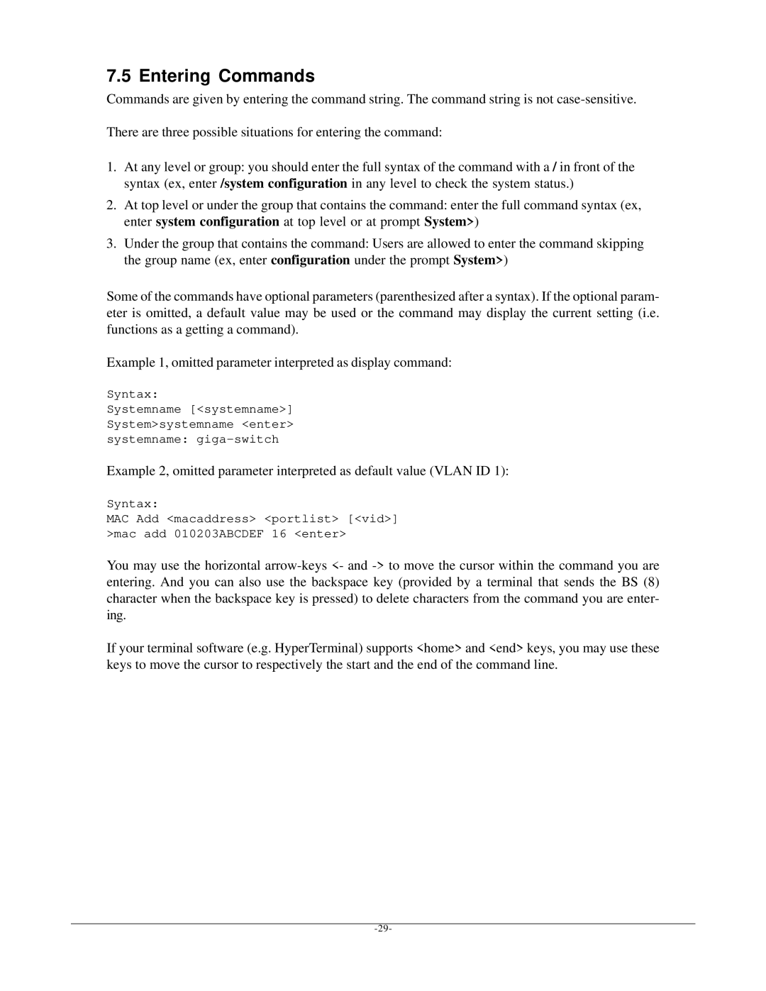 KTI Networks KGS-2401 manual Entering Commands 