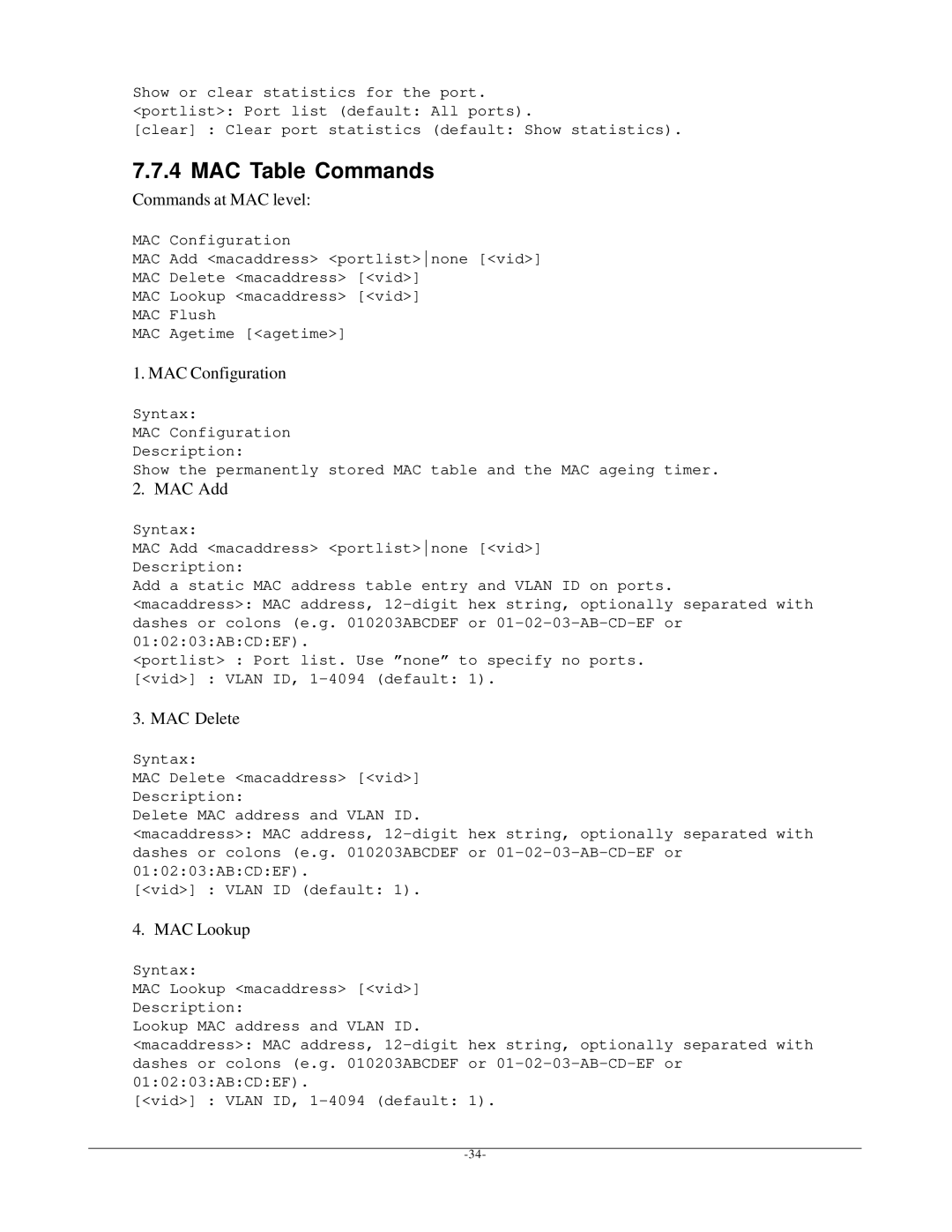 KTI Networks KGS-2401 manual MAC Table Commands 