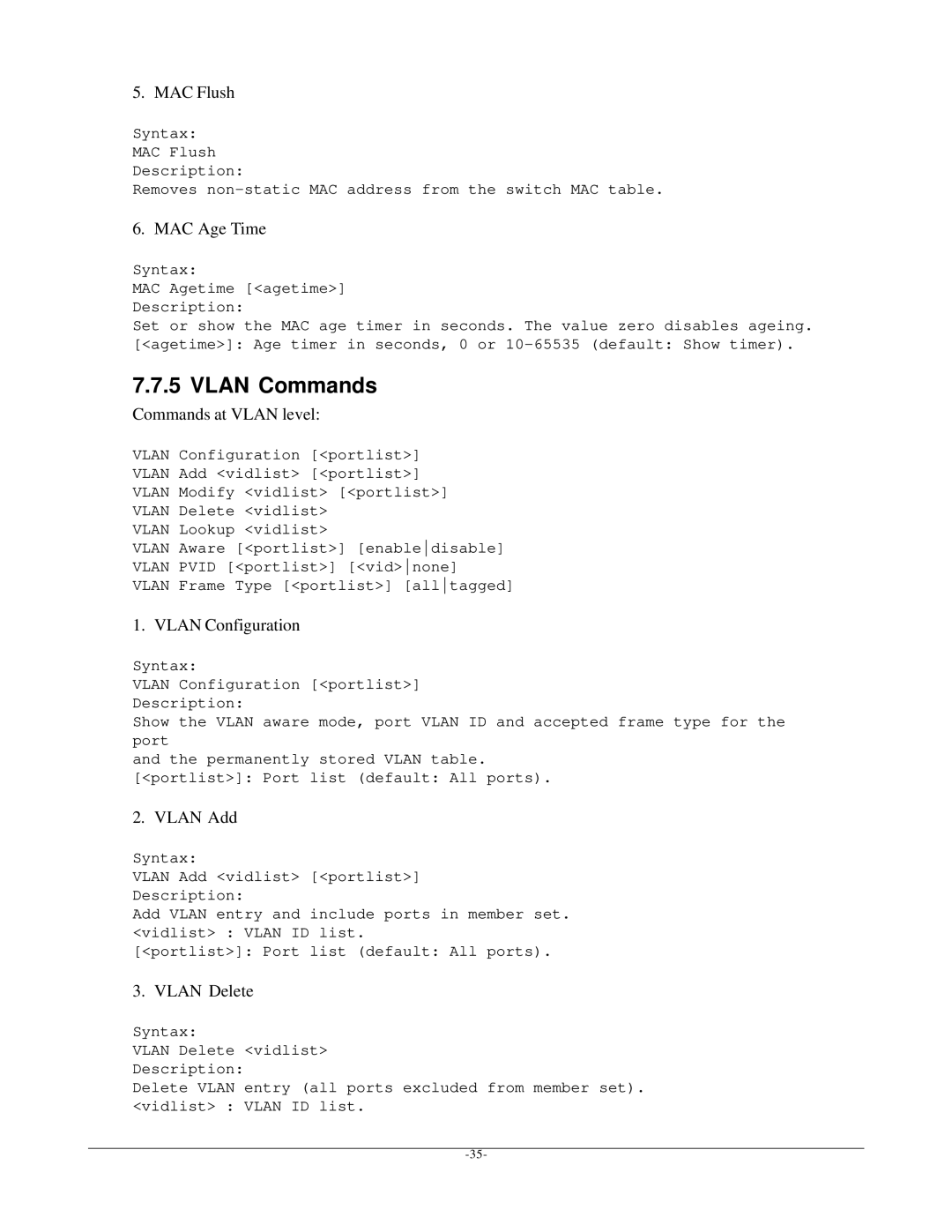 KTI Networks KGS-2401 manual Vlan Commands 