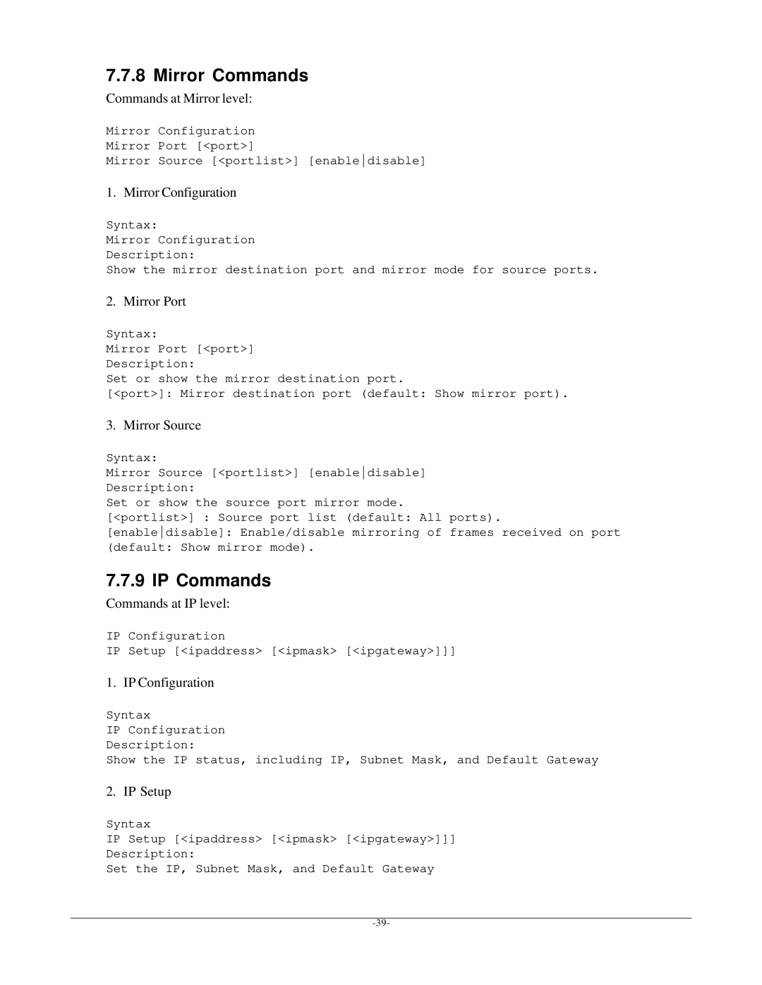 KTI Networks KGS-2401 manual Mirror Commands, IP Commands 