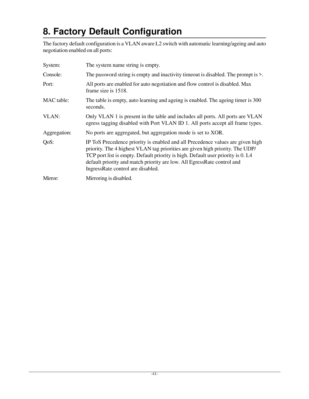 KTI Networks KGS-2401 manual Factory Default Configuration 