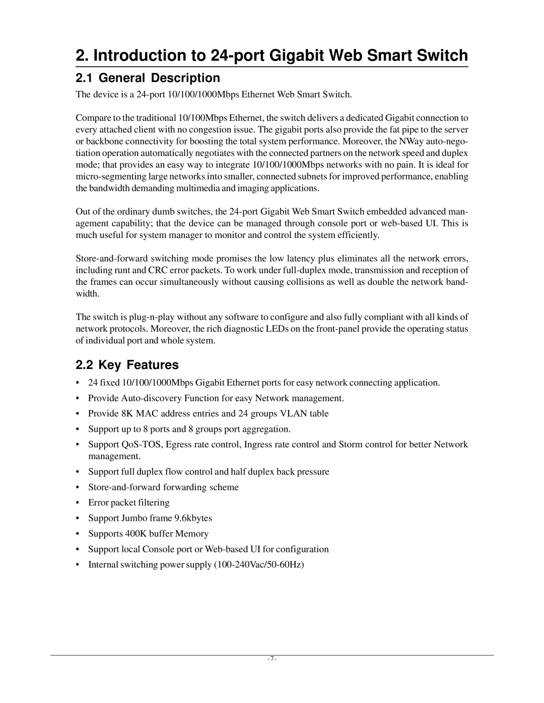 KTI Networks KGS-2401 manual Introduction to 24-port Gigabit Web Smart Switch, General Description, Key Features 