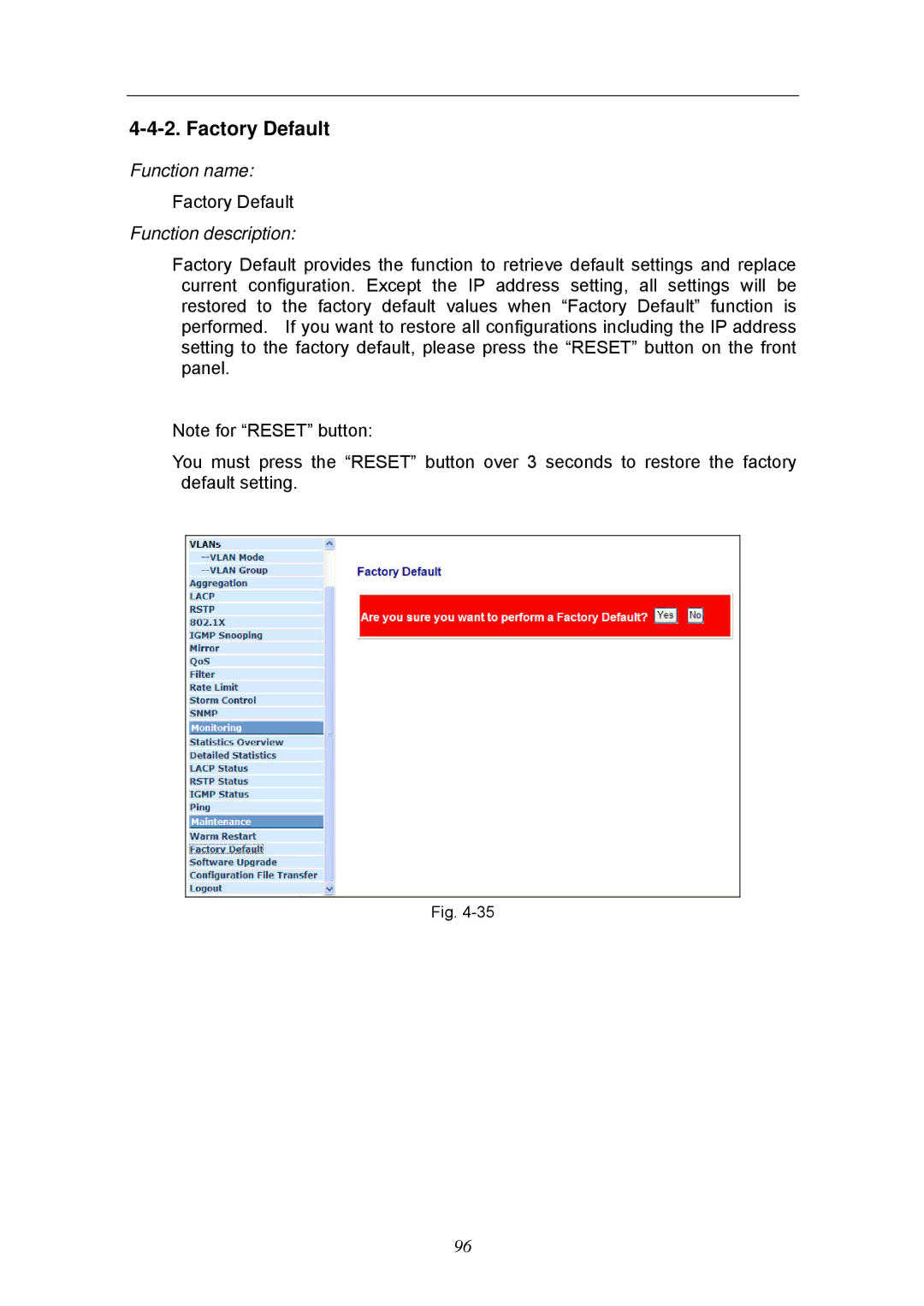 KTI Networks KGS-2404 manual Factory Default 