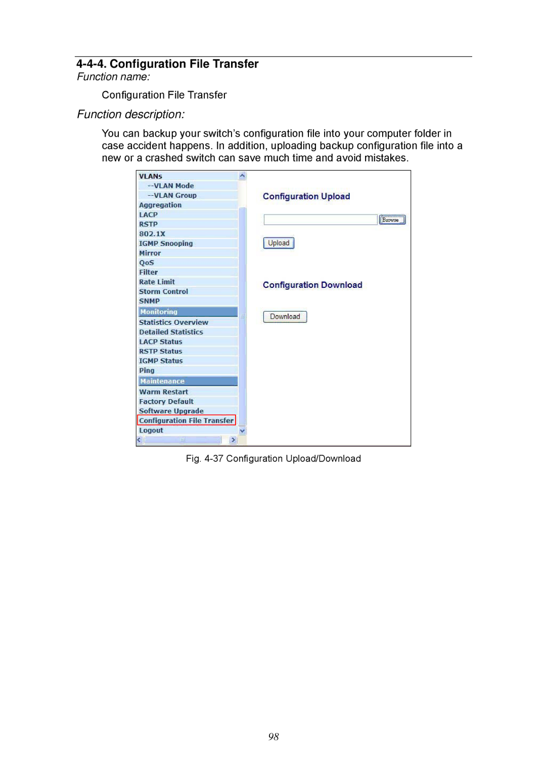 KTI Networks KGS-2404 manual Configuration File Transfer, Function description 