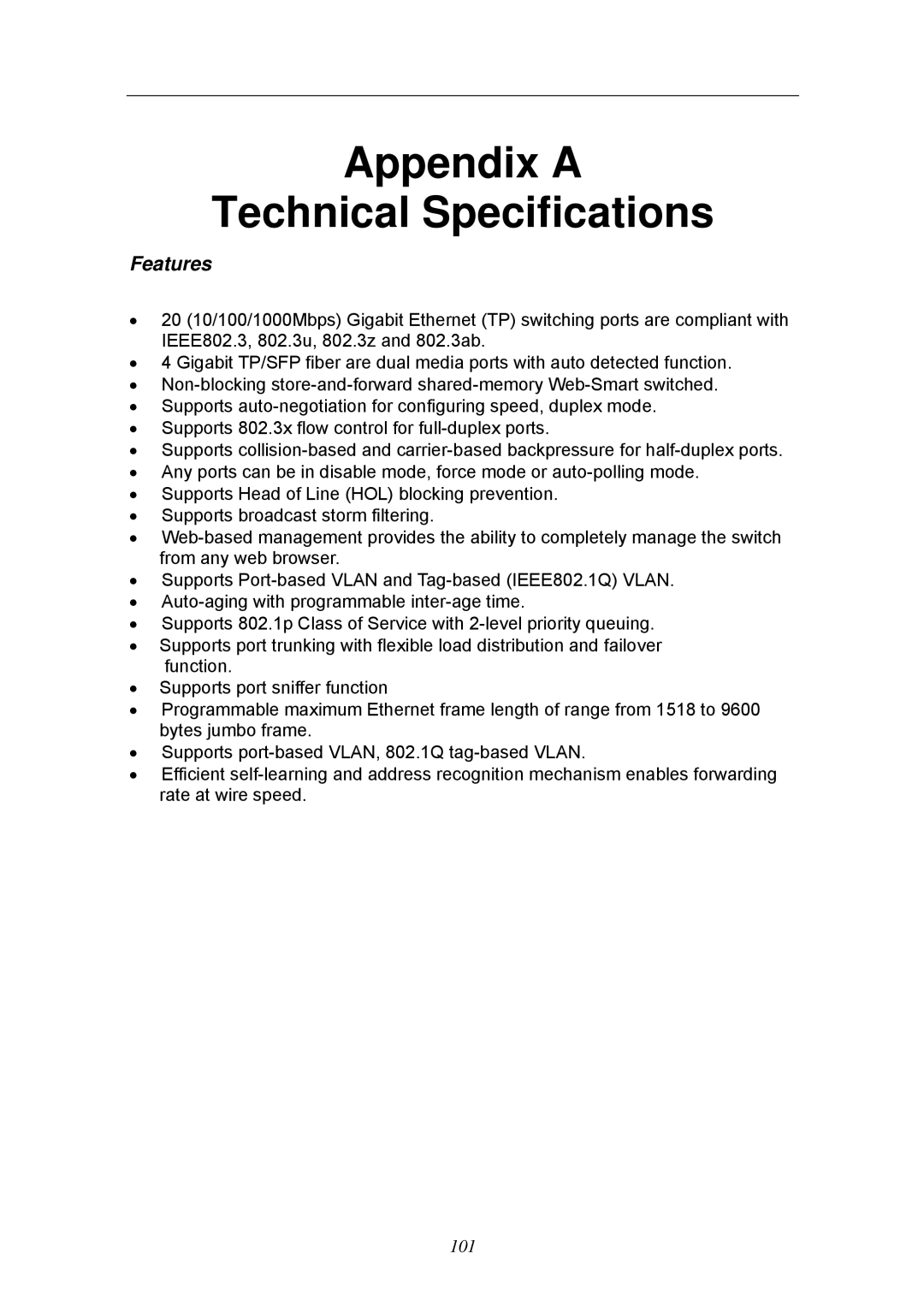 KTI Networks KGS-2404 manual Appendix a Technical Specifications 