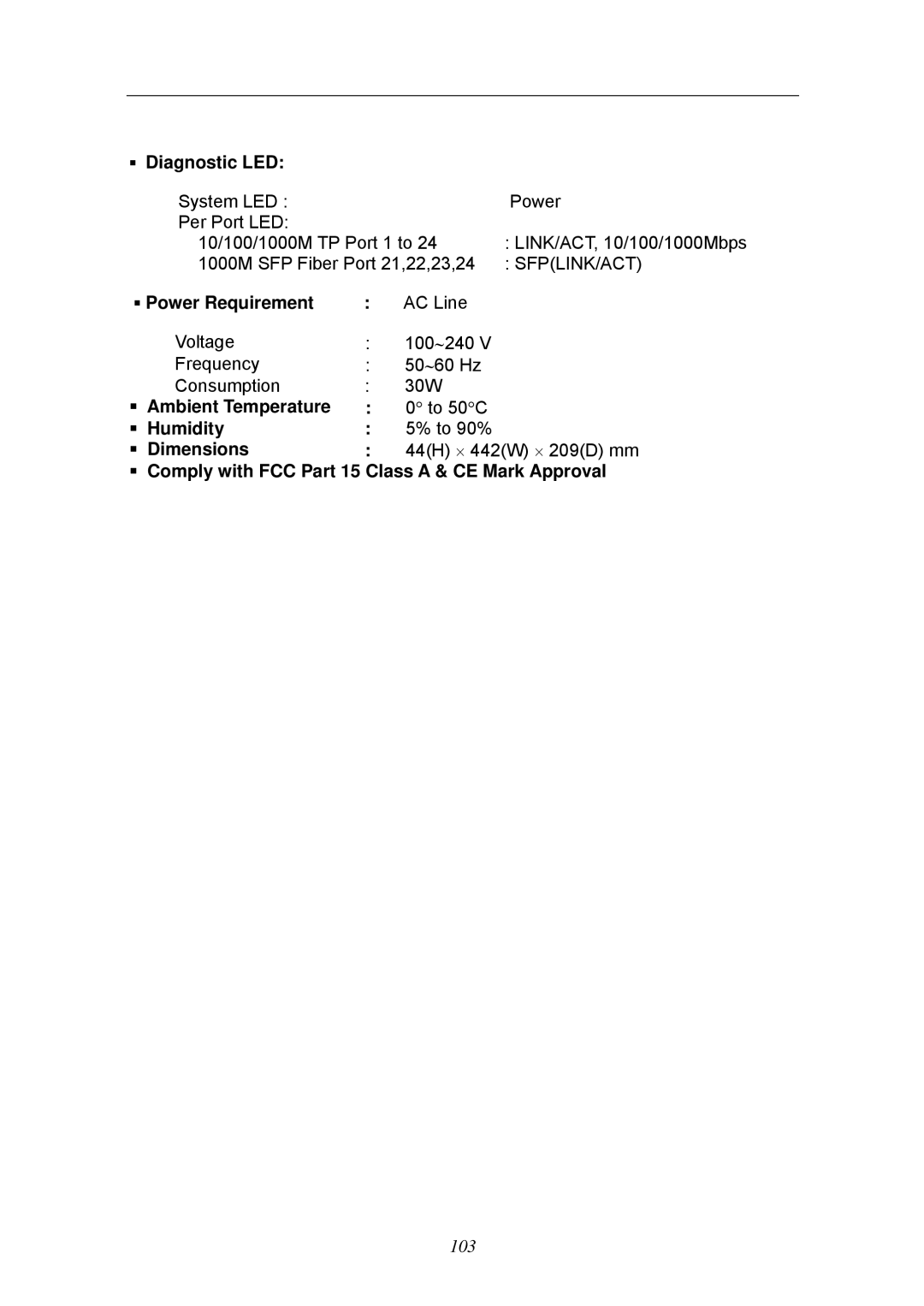 KTI Networks KGS-2404 manual ƒ Diagnostic LED, ƒ Power Requirement, Ambient Temperature, Humidity, Dimensions 