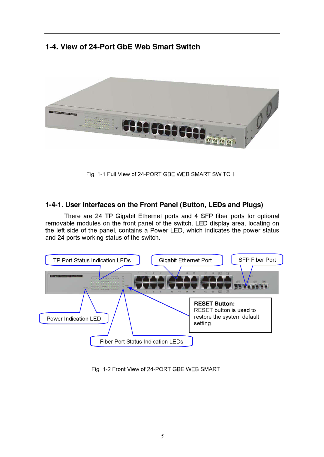 KTI Networks KGS-2404 View of 24-Port GbE Web Smart Switch, User Interfaces on the Front Panel Button, LEDs and Plugs 