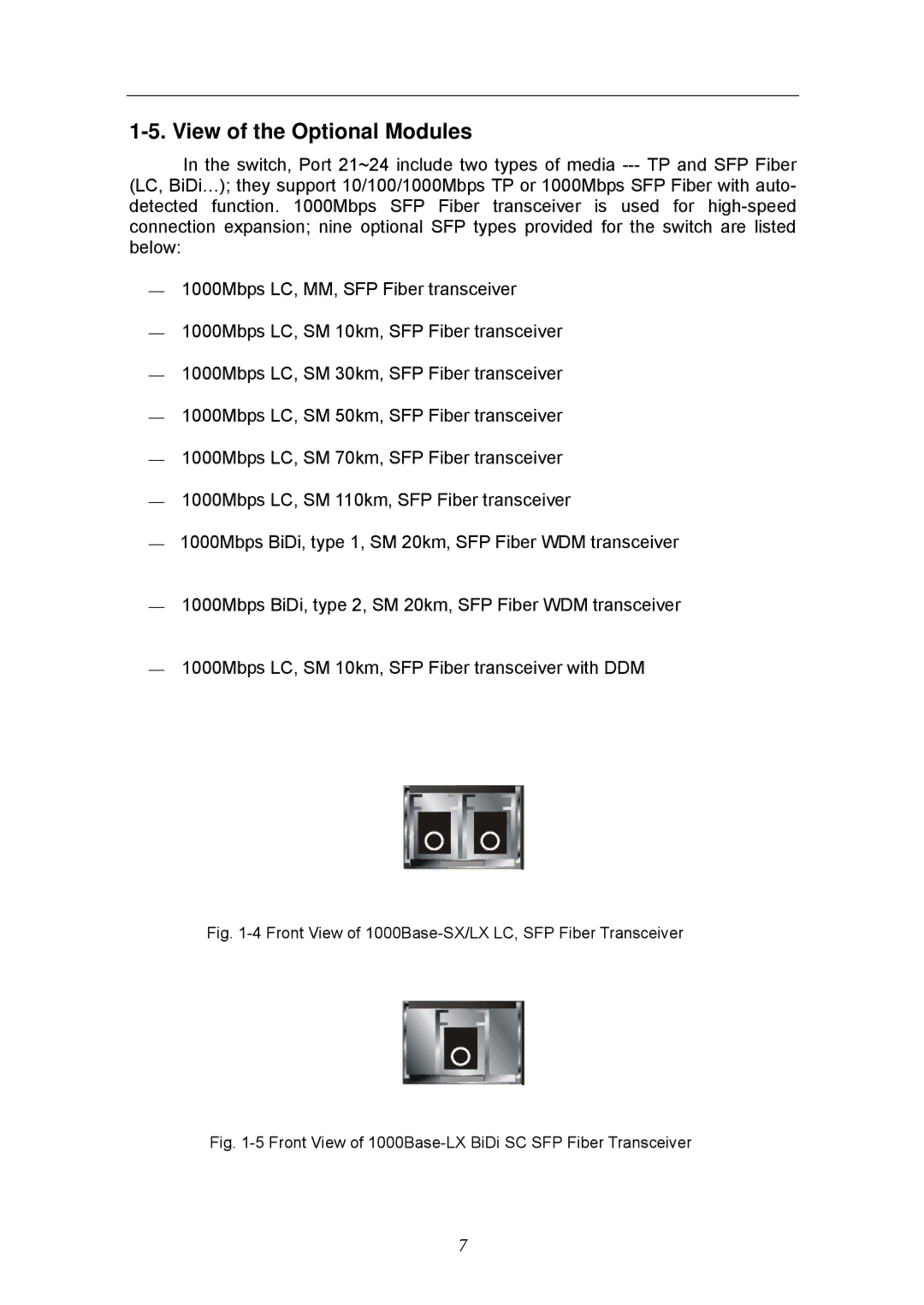 KTI Networks KGS-2404 manual View of the Optional Modules, Front View of 1000Base-SX/LX LC, SFP Fiber Transceiver 