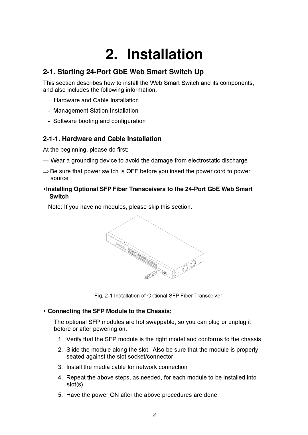 KTI Networks KGS-2404 manual Starting 24-Port GbE Web Smart Switch Up, Hardware and Cable Installation 