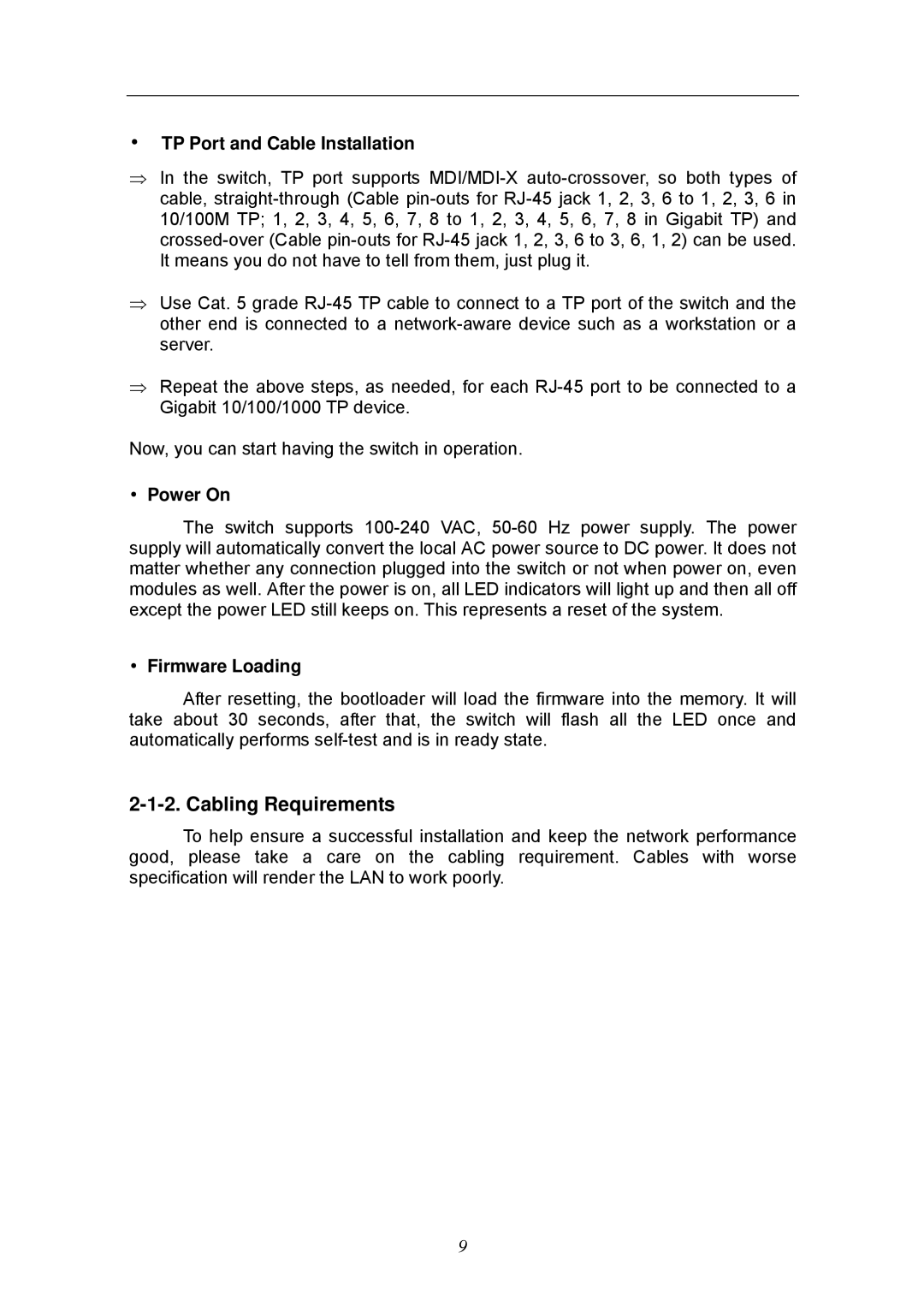 KTI Networks KGS-2404 manual Cabling Requirements, TP Port and Cable Installation, Power On, Firmware Loading 