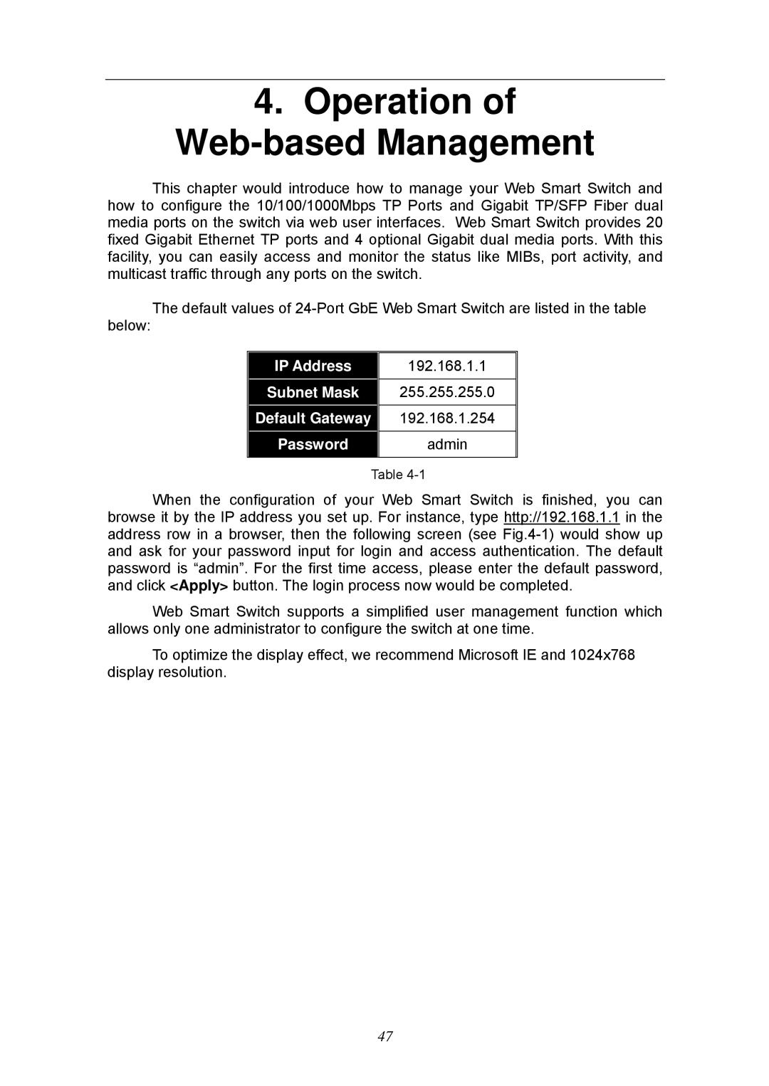 KTI Networks KGS-2404 manual Operation of Web-based Management 