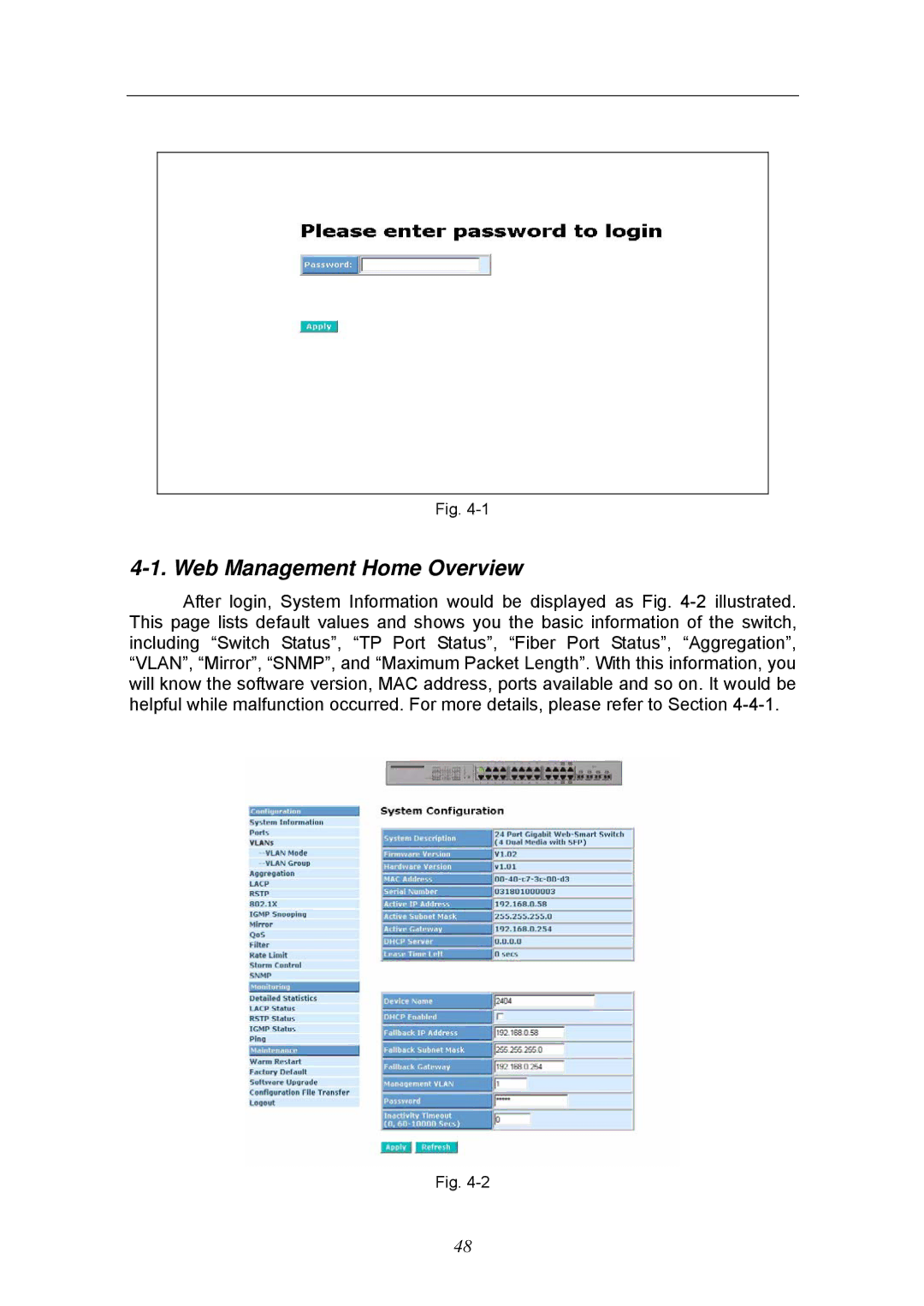 KTI Networks KGS-2404 manual Web Management Home Overview 