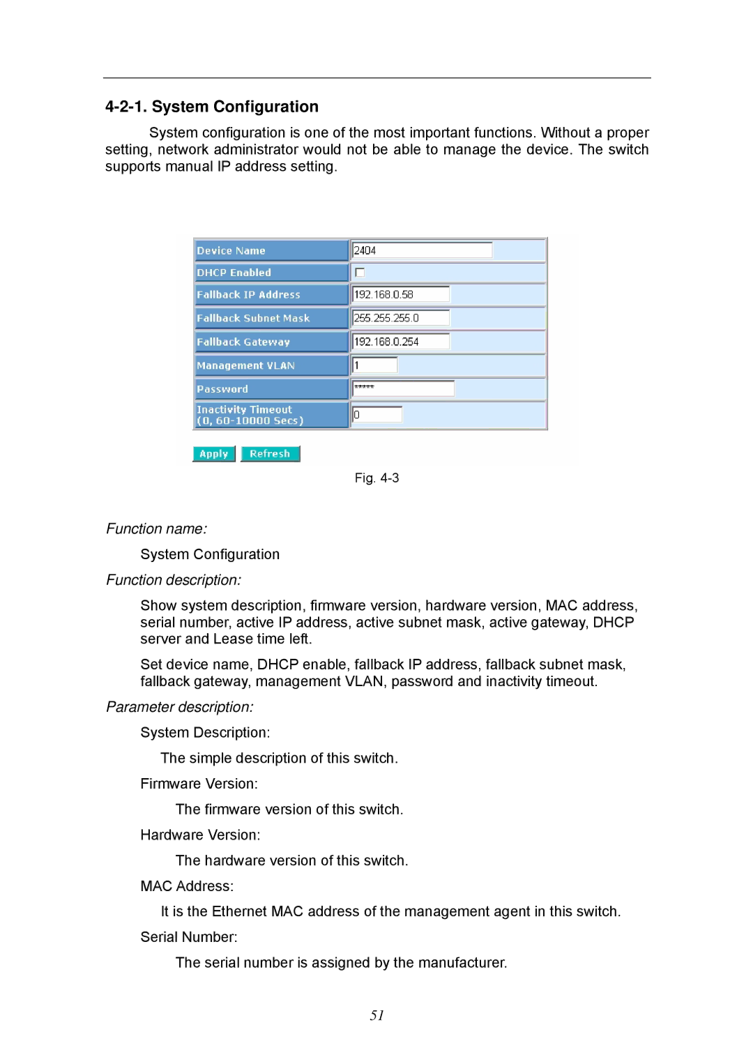 KTI Networks KGS-2404 manual System Configuration, Function description 