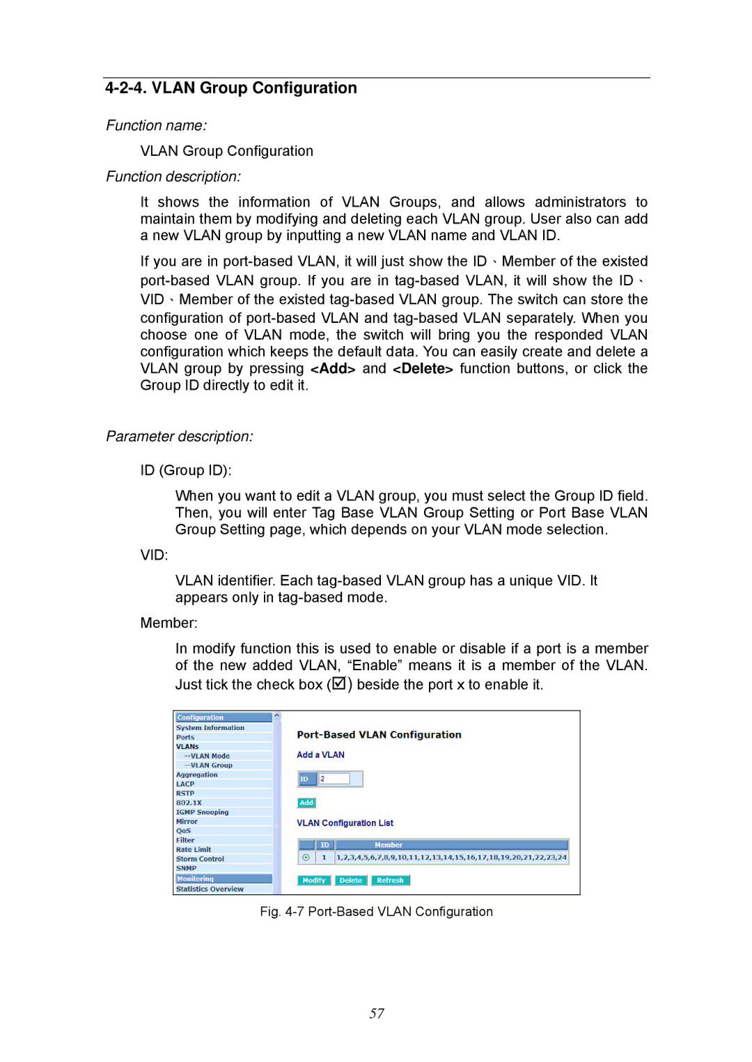 KTI Networks KGS-2404 manual Vlan Group Configuration, Vid 