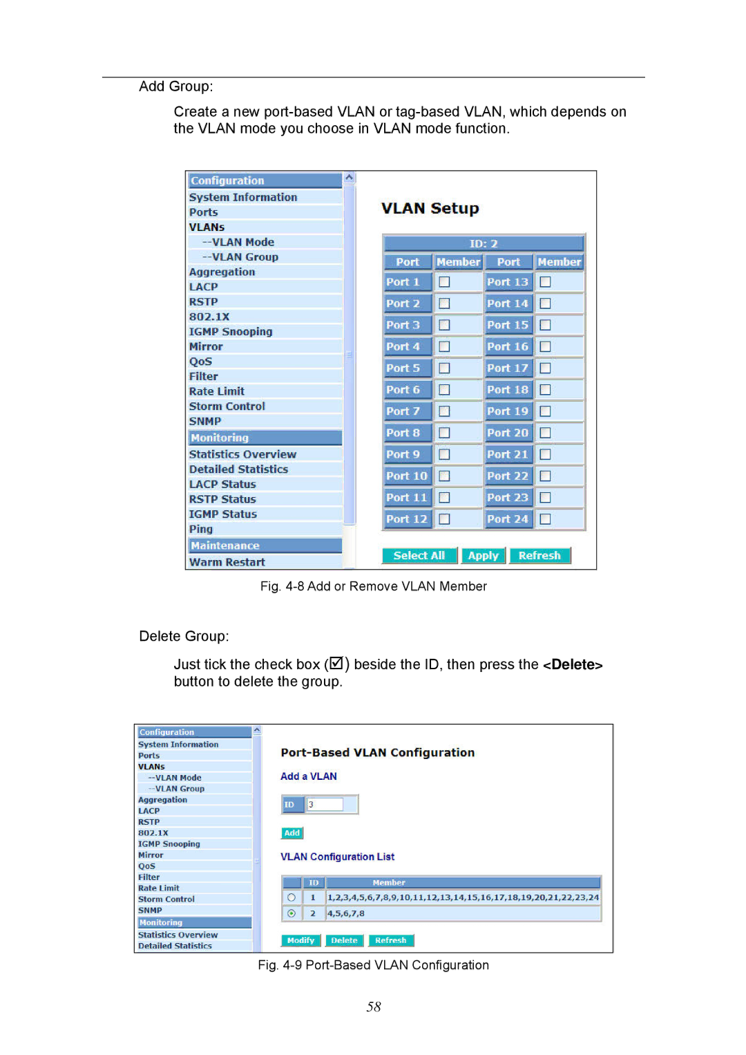 KTI Networks KGS-2404 manual Add or Remove Vlan Member 