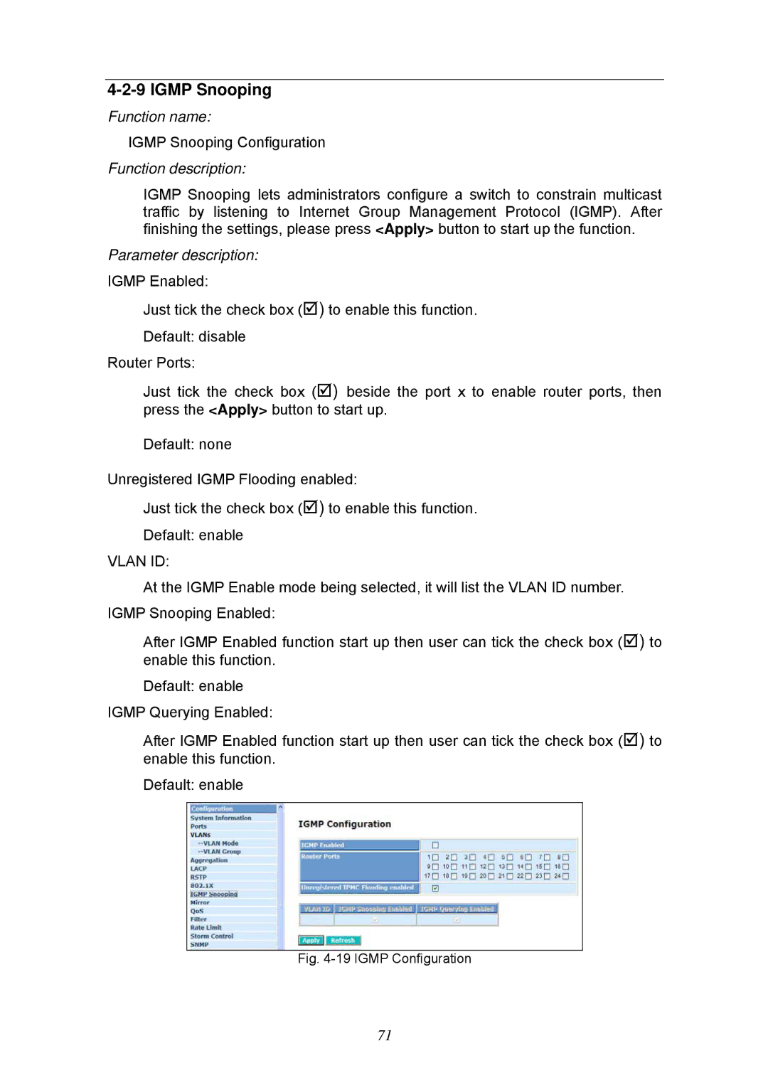 KTI Networks KGS-2404 manual Igmp Snooping, Vlan ID 