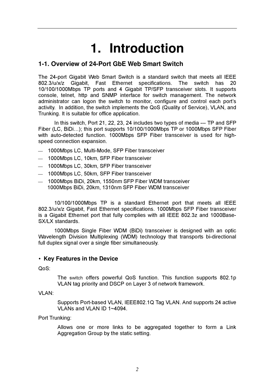 KTI Networks KGS-2404 manual Overview of 24-Port GbE Web Smart Switch, Key Features in the Device, Vlan 