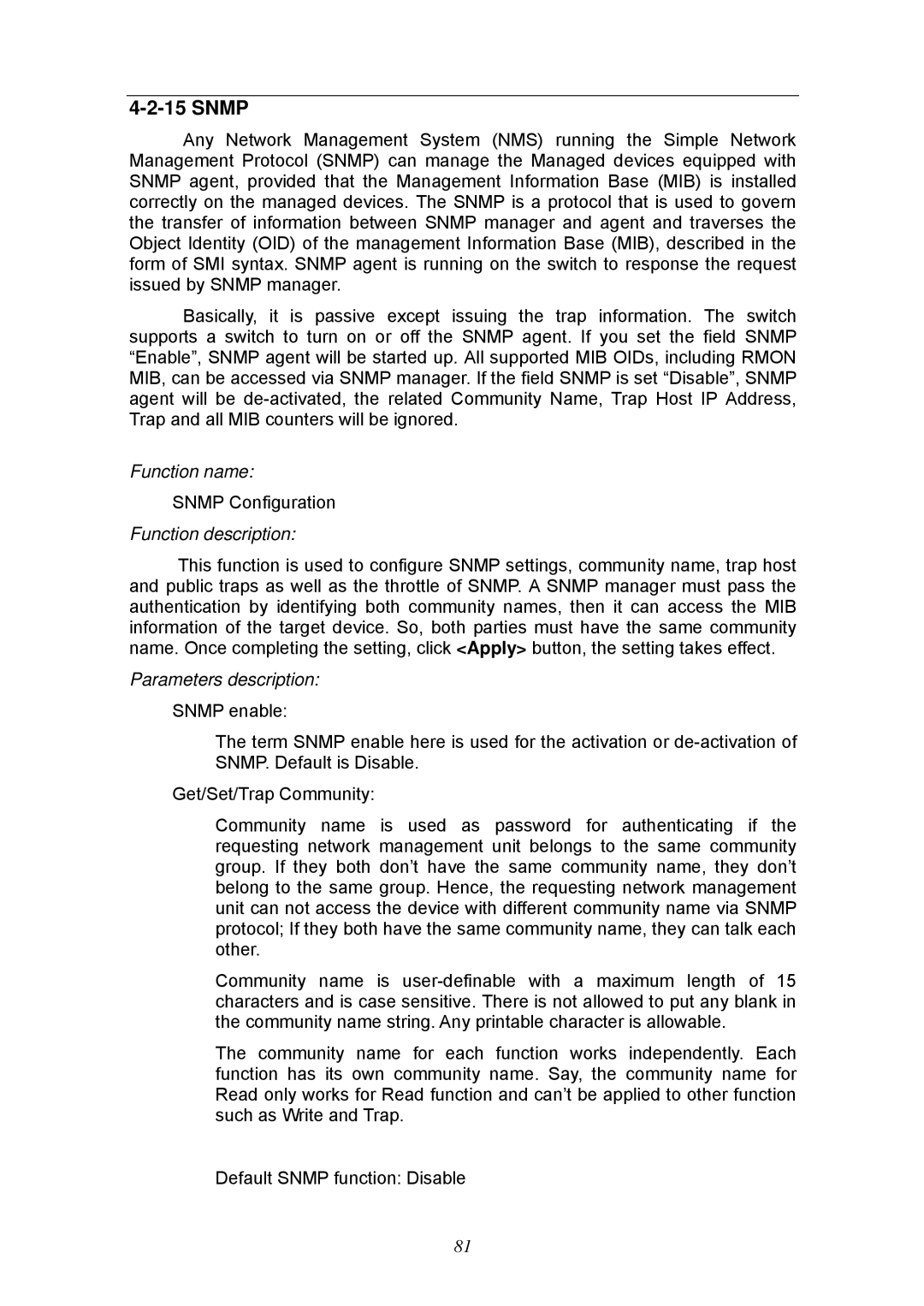 KTI Networks KGS-2404 manual Snmp, Parameters description 