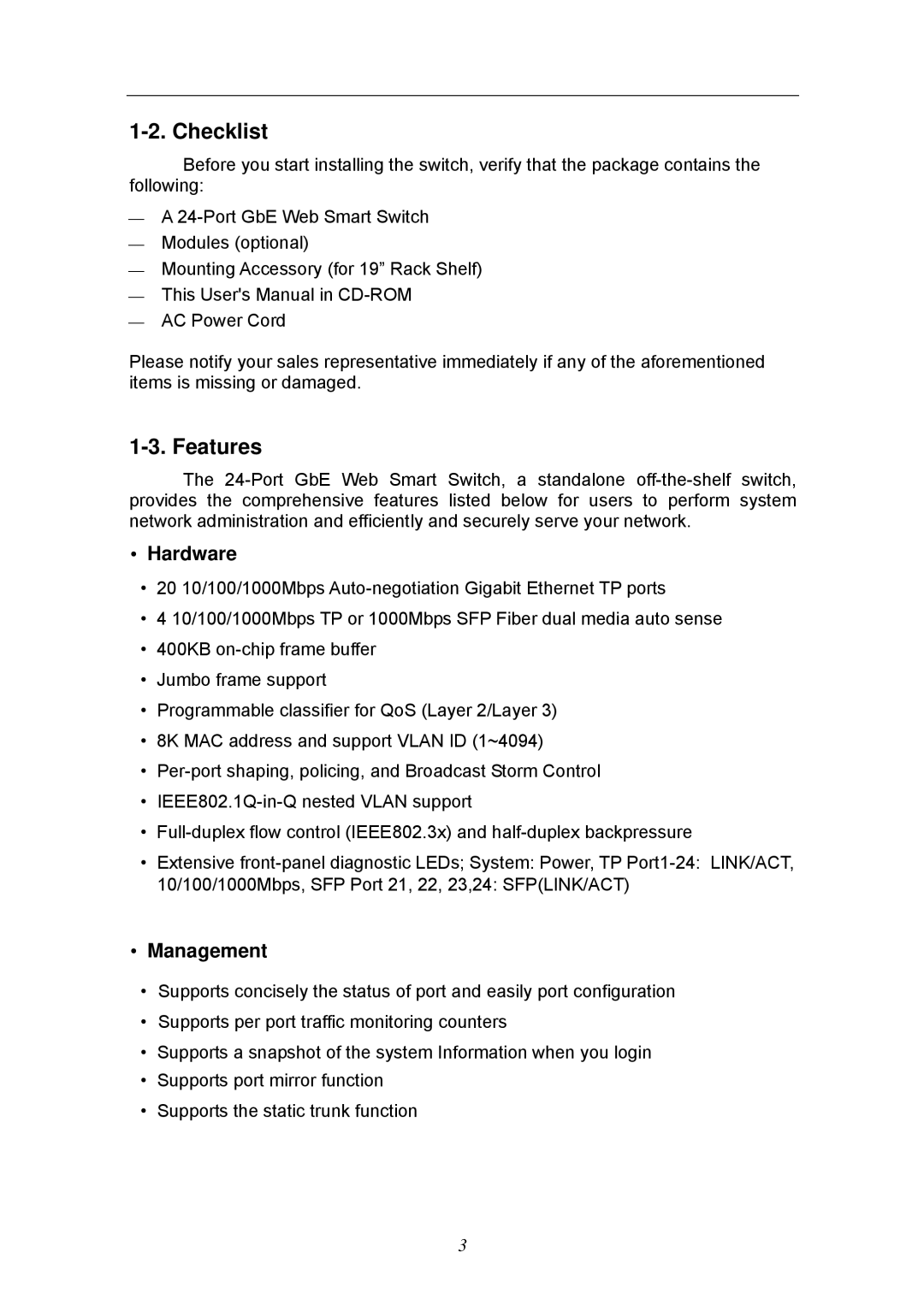 KTI Networks KGS-2404 manual Checklist, Features, Hardware, Management 