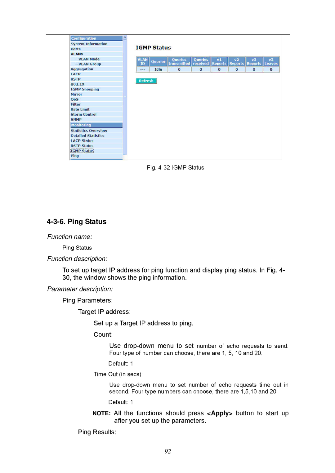 KTI Networks KGS-2404 manual Ping Status, Igmp Status 