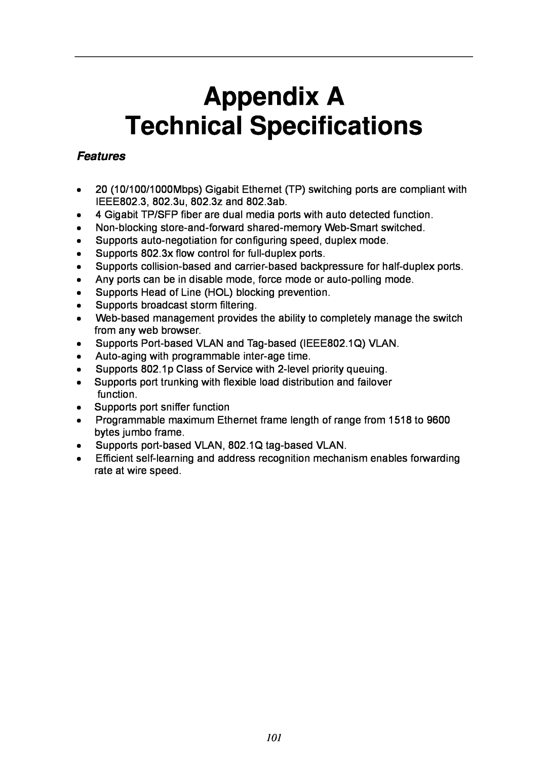KTI Networks KGS-2404 manual Appendix A Technical Specifications, Features 