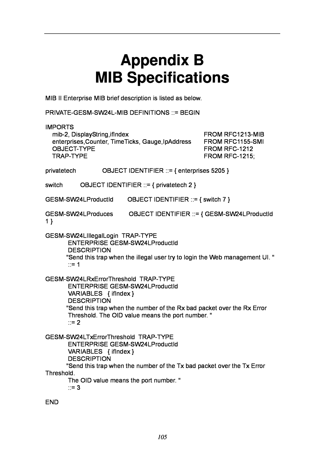 KTI Networks KGS-2404 manual Appendix B MIB Specifications 