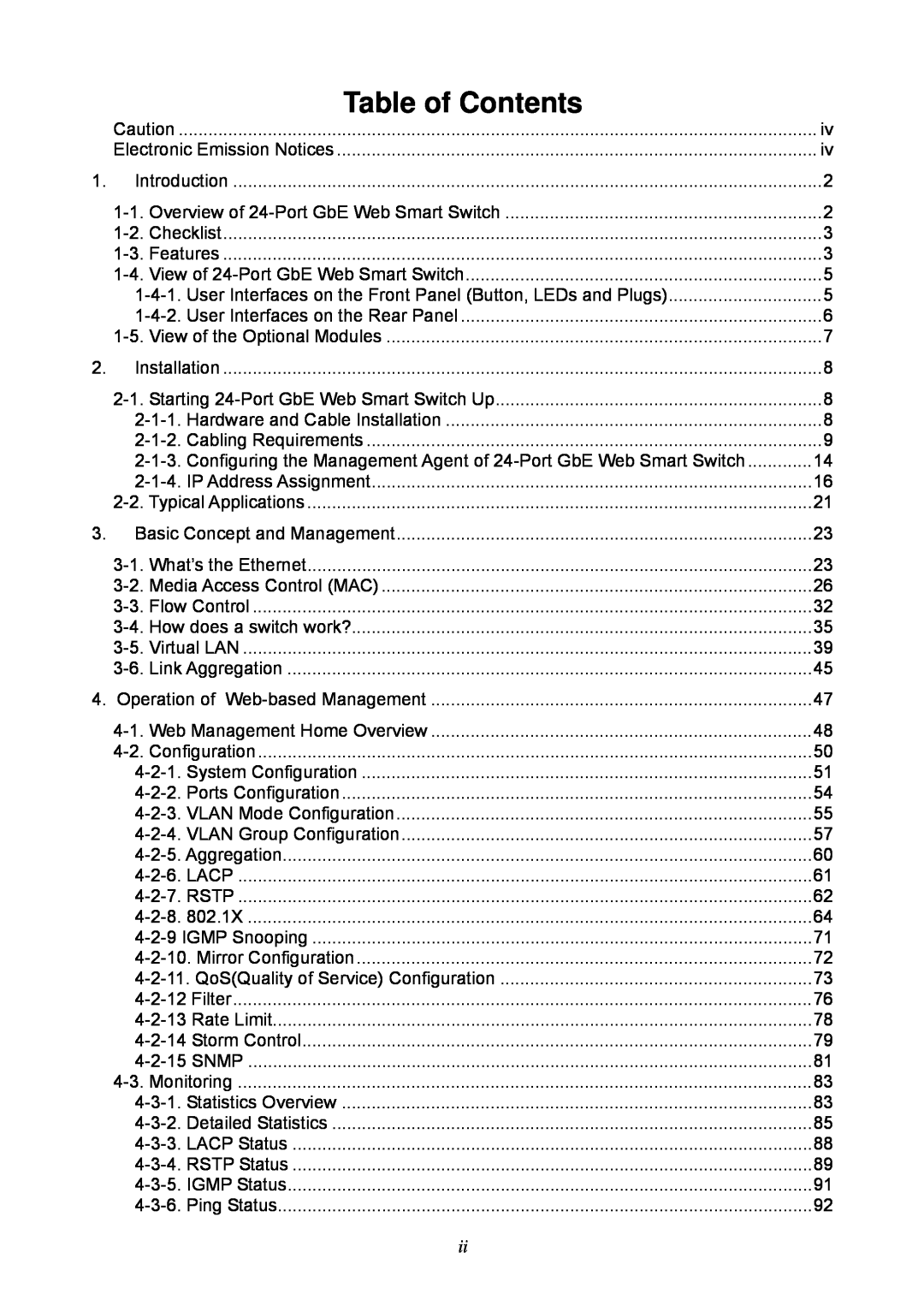KTI Networks KGS-2404 manual Table of Contents 