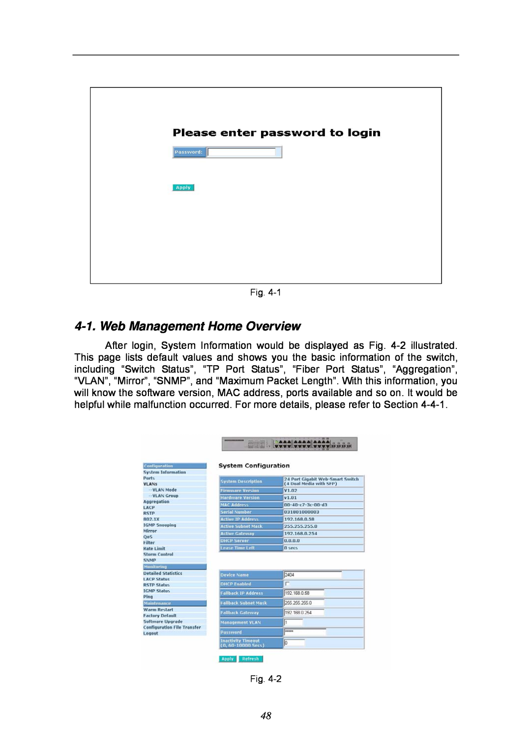 KTI Networks KGS-2404 manual Web Management Home Overview 