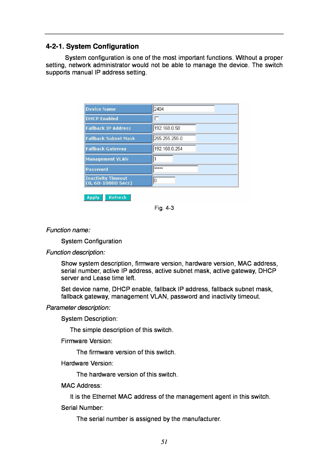 KTI Networks KGS-2404 manual System Configuration, Function name, Function description, Parameter description 