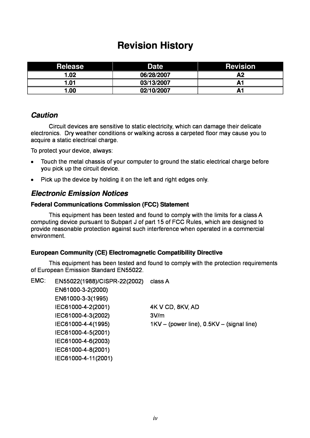 KTI Networks KGS-2404 Revision History, Electronic Emission Notices, 1.02, 06/28/2007, 1.01, 03/13/2007, 1.00, 02/10/2007 