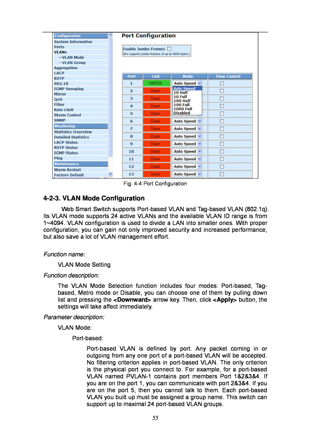 KTI Networks KGS-2404 manual VLAN Mode Configuration, Function name, Function description, Parameter description 