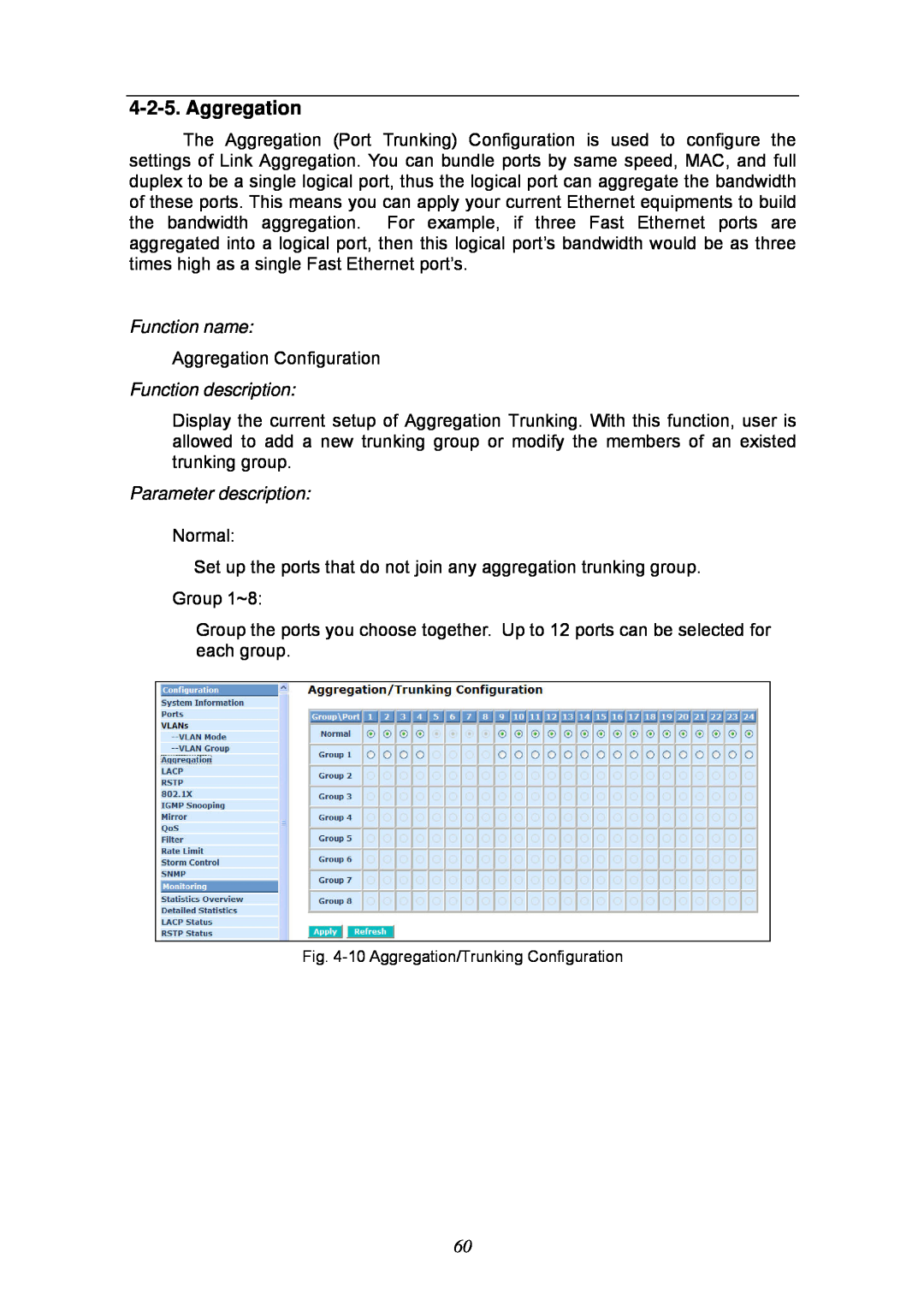 KTI Networks KGS-2404 manual Aggregation, Function name, Function description, Parameter description 