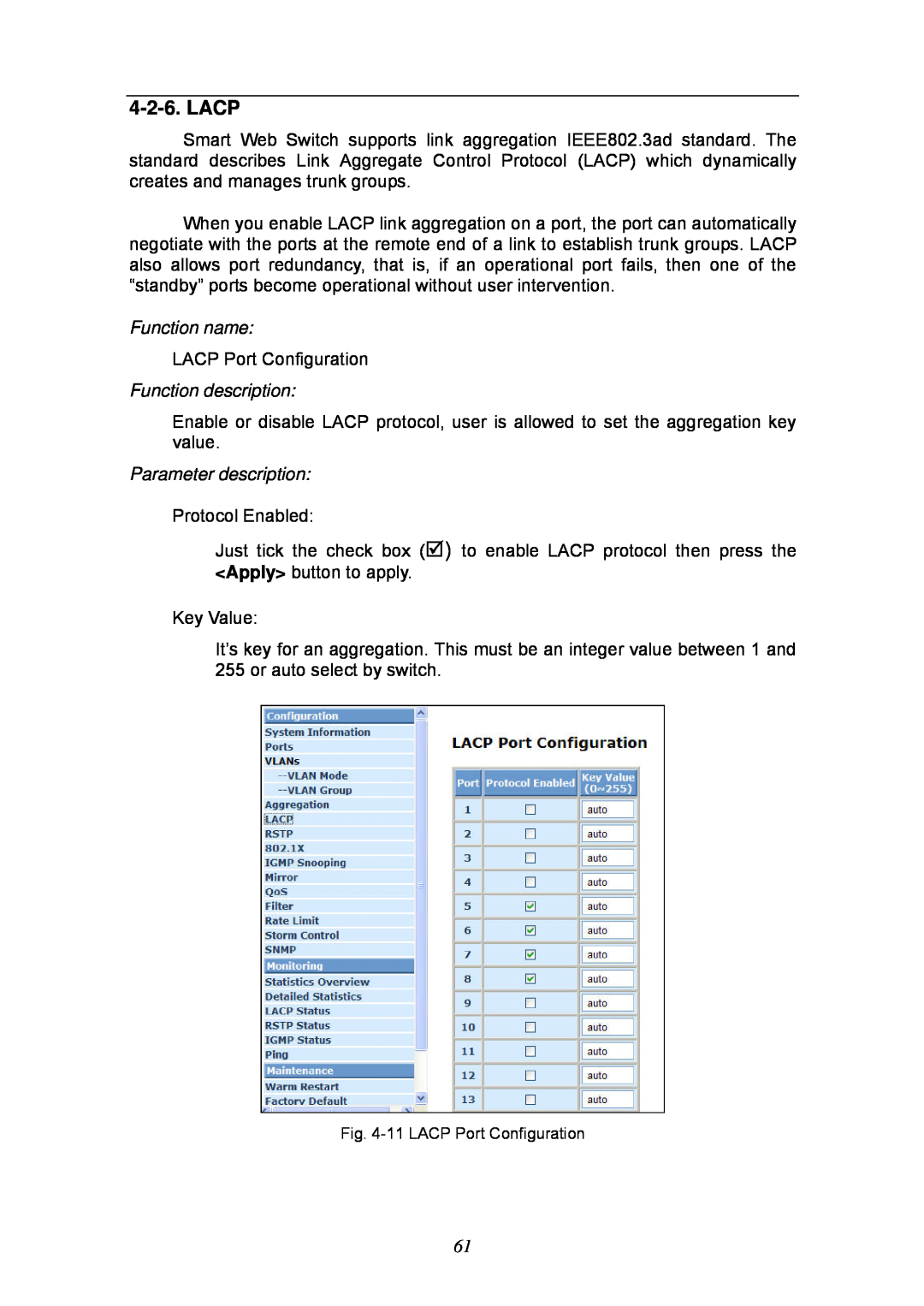 KTI Networks KGS-2404 manual Lacp, Function name, Function description, Parameter description 