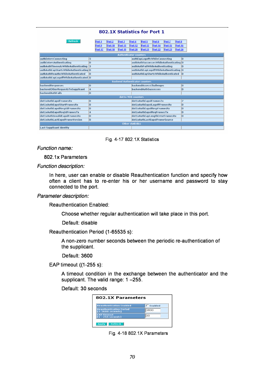 KTI Networks KGS-2404 manual Function name, 802.1x Parameters, Function description, Parameter description 