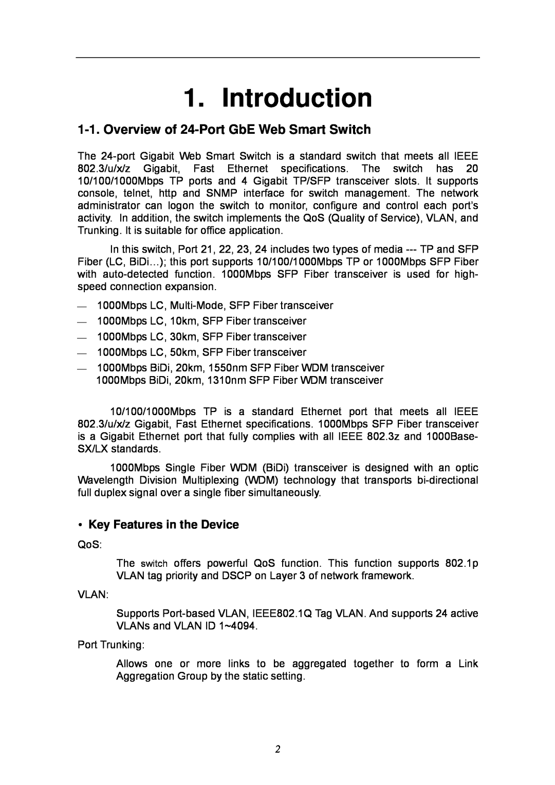 KTI Networks KGS-2404 manual Introduction, Overview of 24-Port GbE Web Smart Switch, Key Features in the Device 
