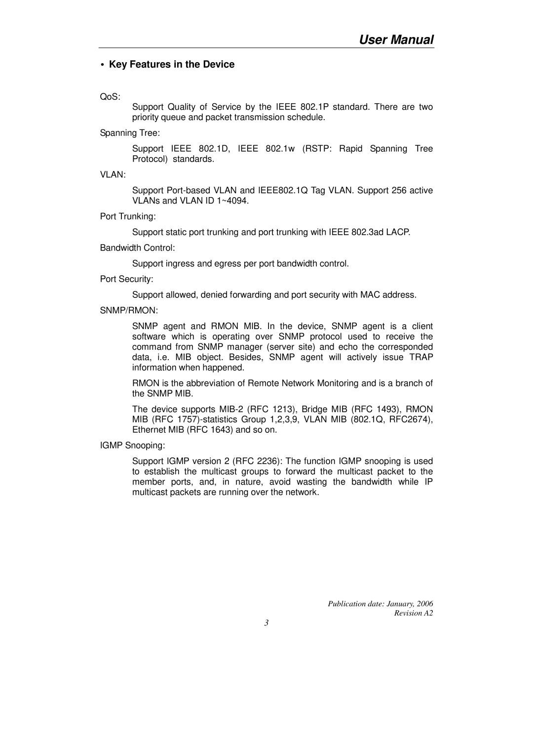 KTI Networks KGS-2416 user manual Key Features in the Device, Vlan 