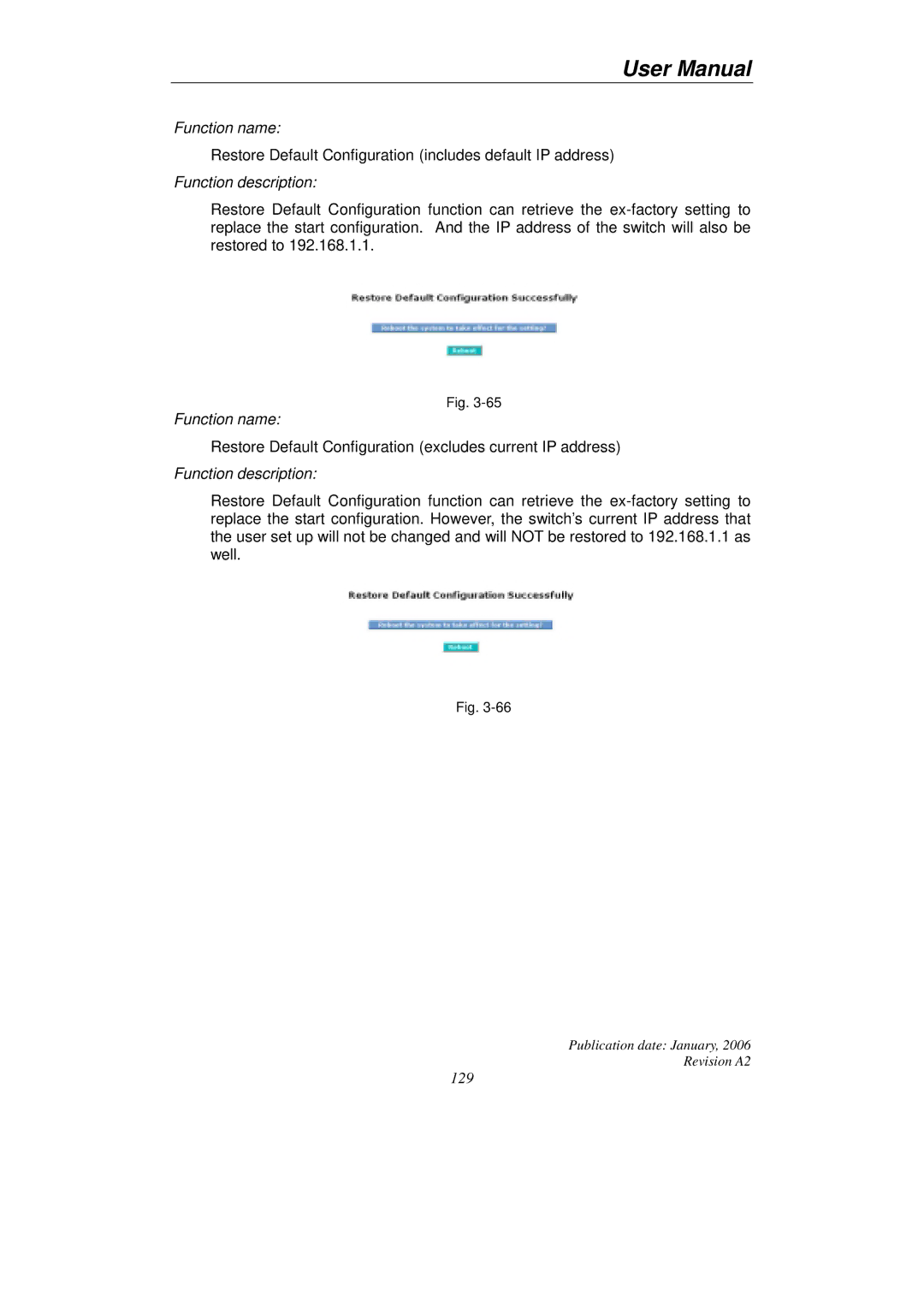 KTI Networks KGS-2416 user manual Restore Default Configuration includes default IP address 